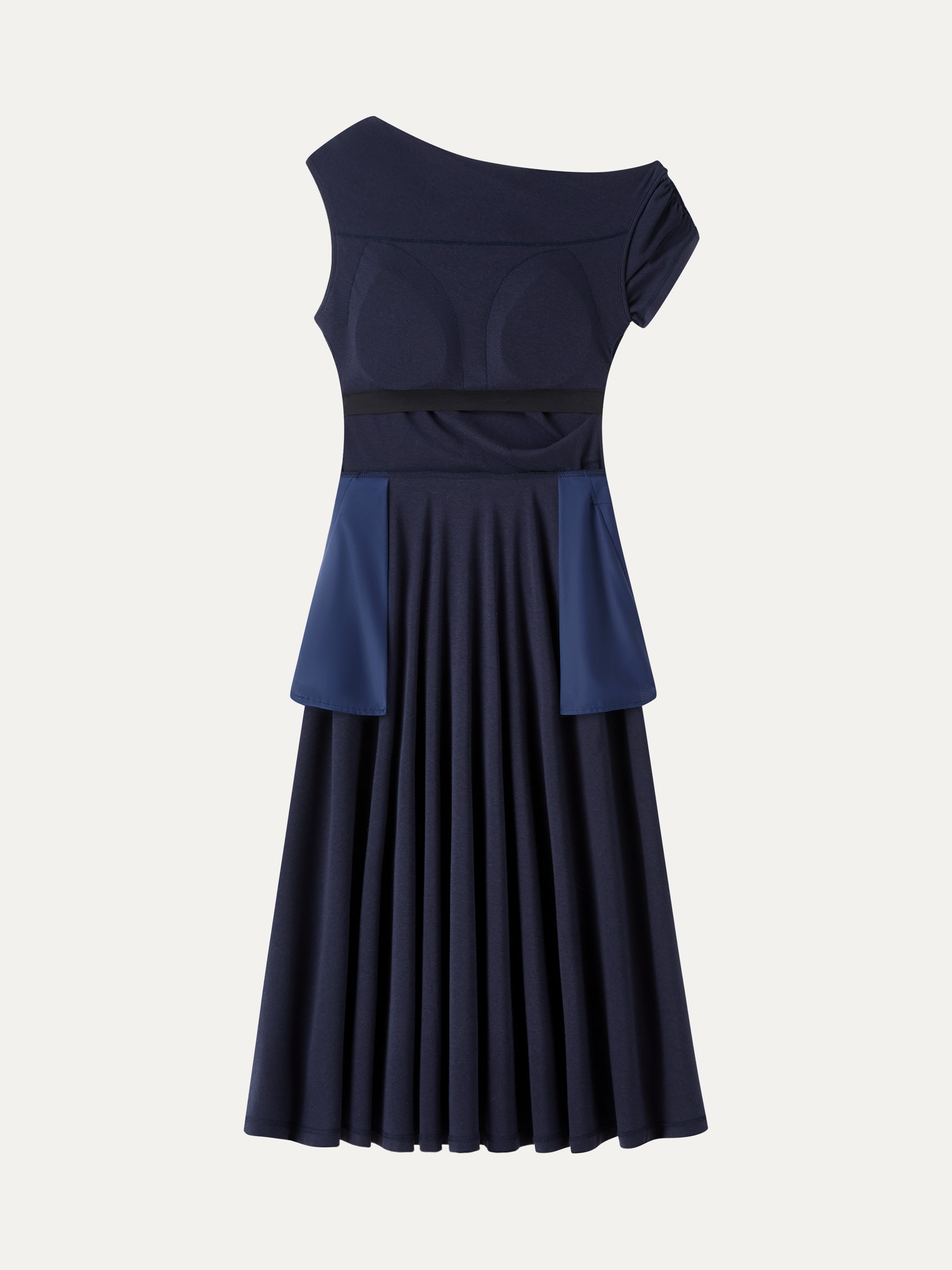 Asymmetrical Shoulder Tucked Midi Bra Dress with Pockets