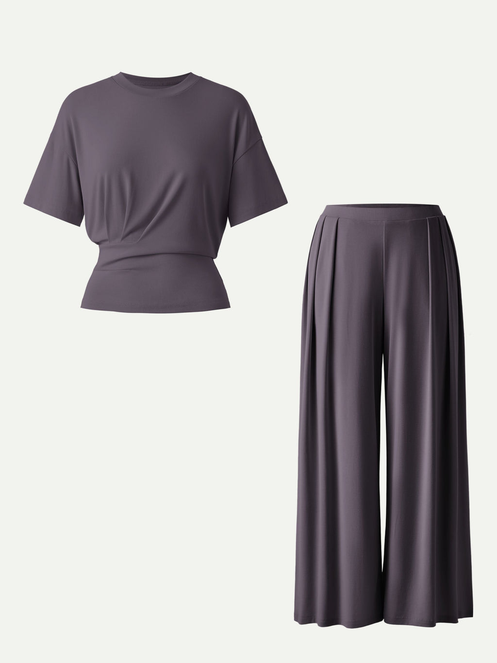 2Pcs Set Crewneck Short Sleeve Tee & Mid Rise Pleated Wide Leg Pant with Pockets
