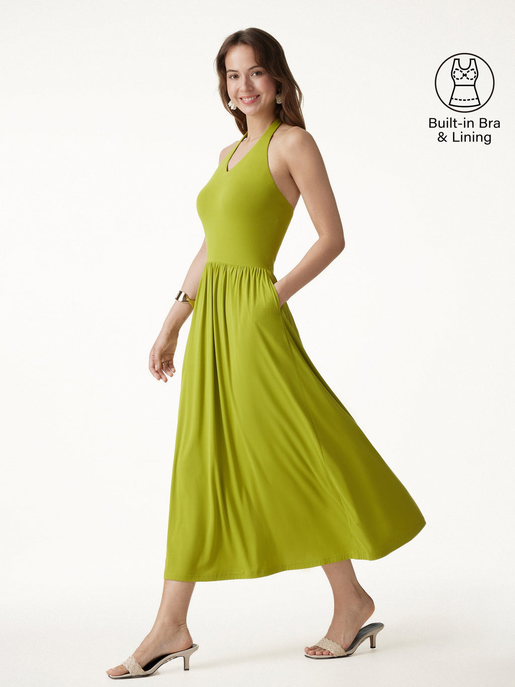 SkinKiss Halter Ruched Midi Bra Dress with Pockets