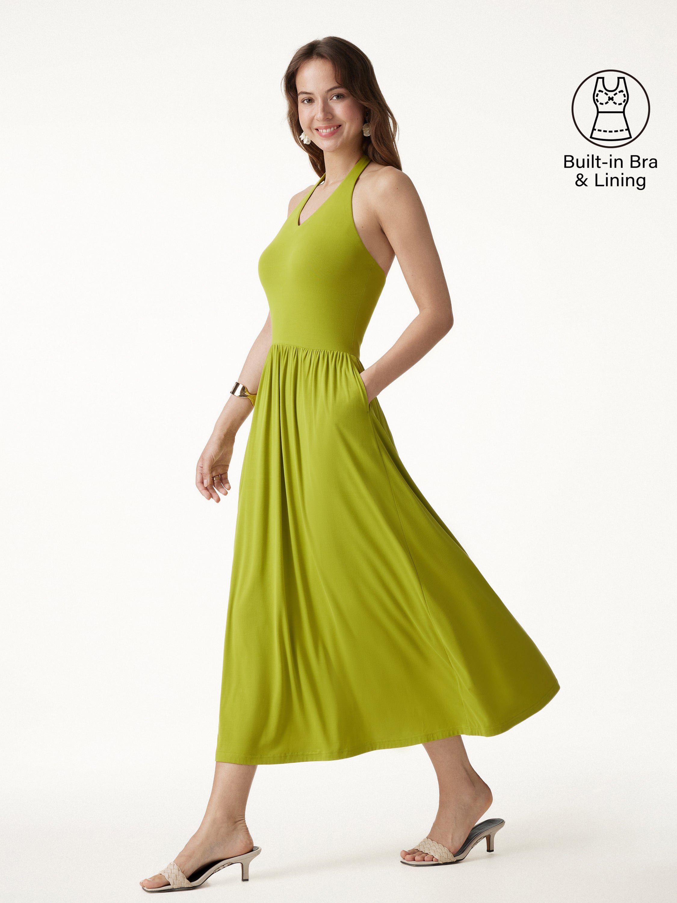 SkinKiss Halter Ruched Midi Bra Dress with Pockets