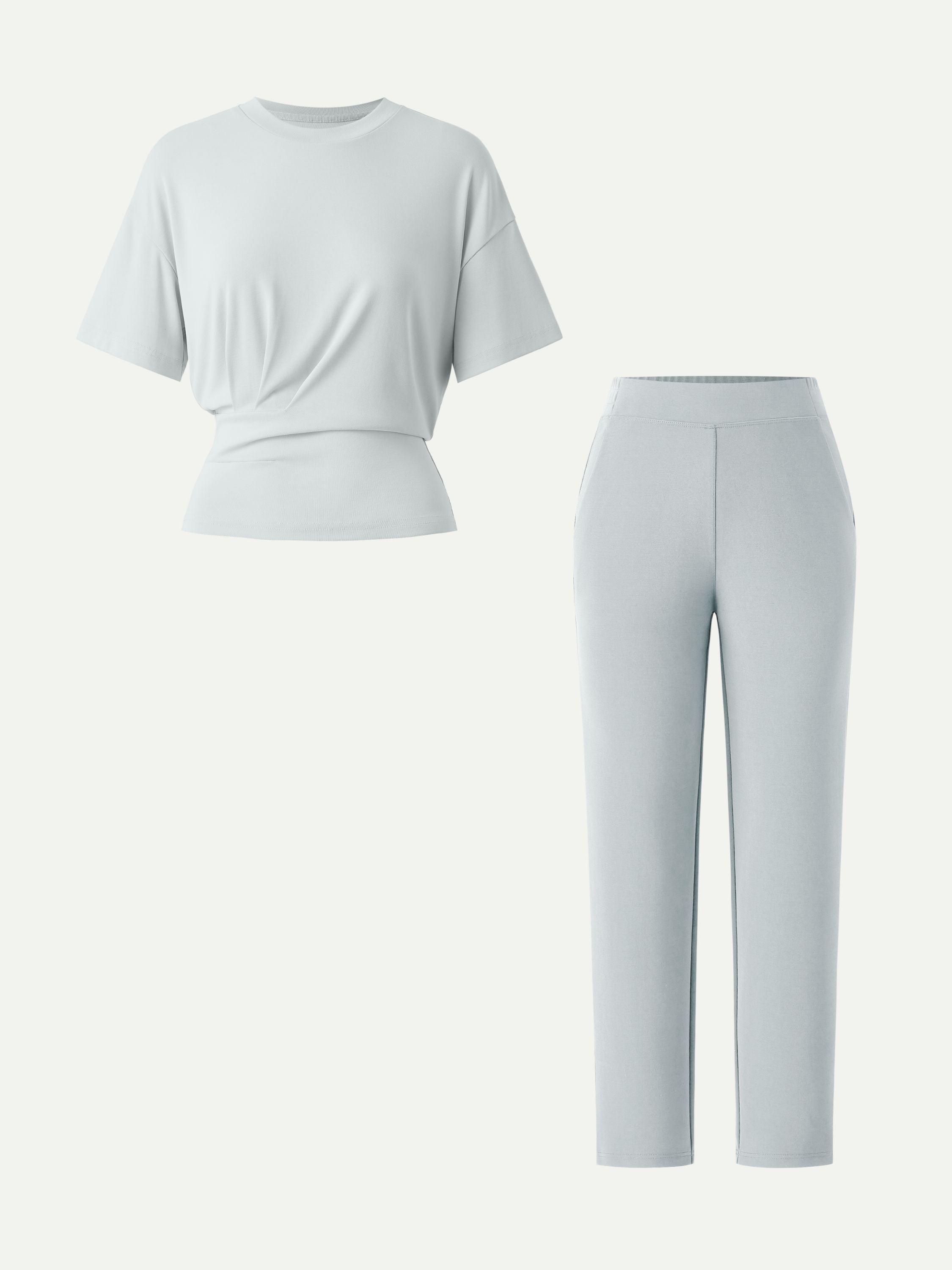 2Pcs Set Crewneck Tucked Tee & Mid Rise Tapered Pant with Pockets