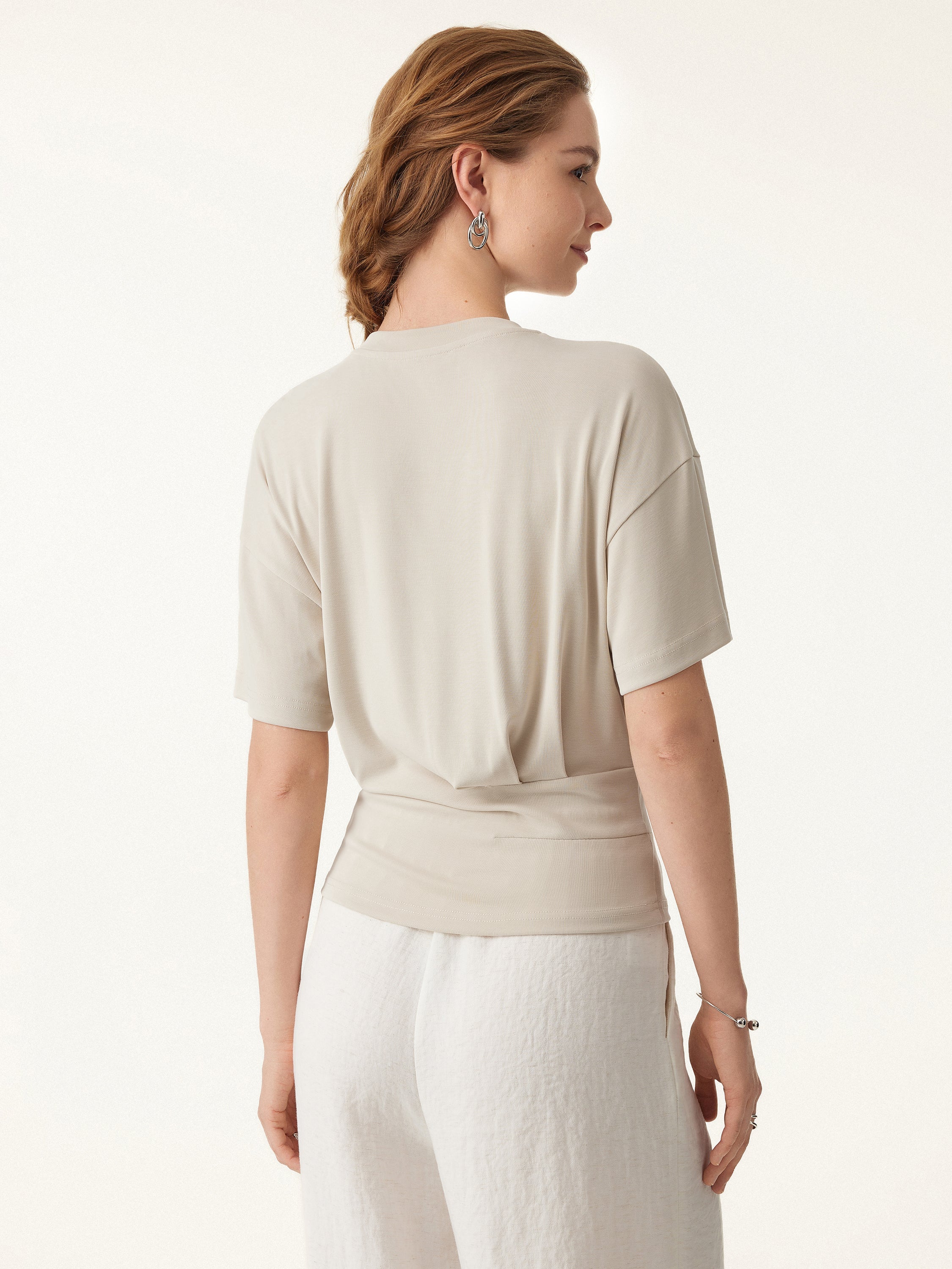 2Pcs Set Crewneck Short Sleeve Tee & Mid Rise Pleated Wide Leg Pant with Pockets