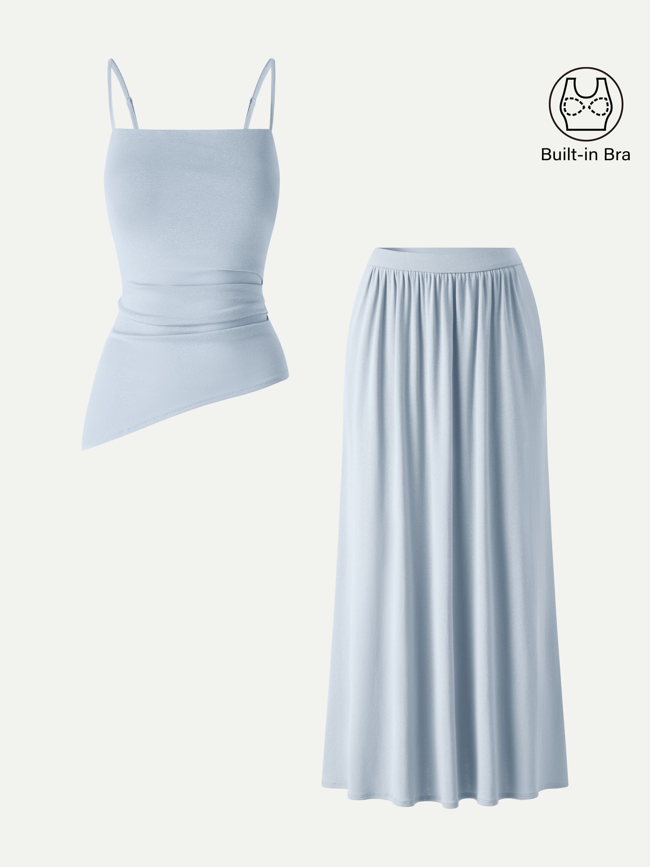 2Pcs Set Spaghetti Bra Top with Side Slit & A-Line Maxi Skirt with Pockets