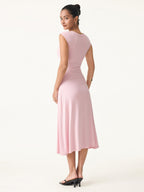 Scoop Neck Side Ruched New Airy Bra Midi Dress