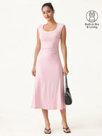 Scoop Neck Side Ruched New Airy Bra Midi Dress