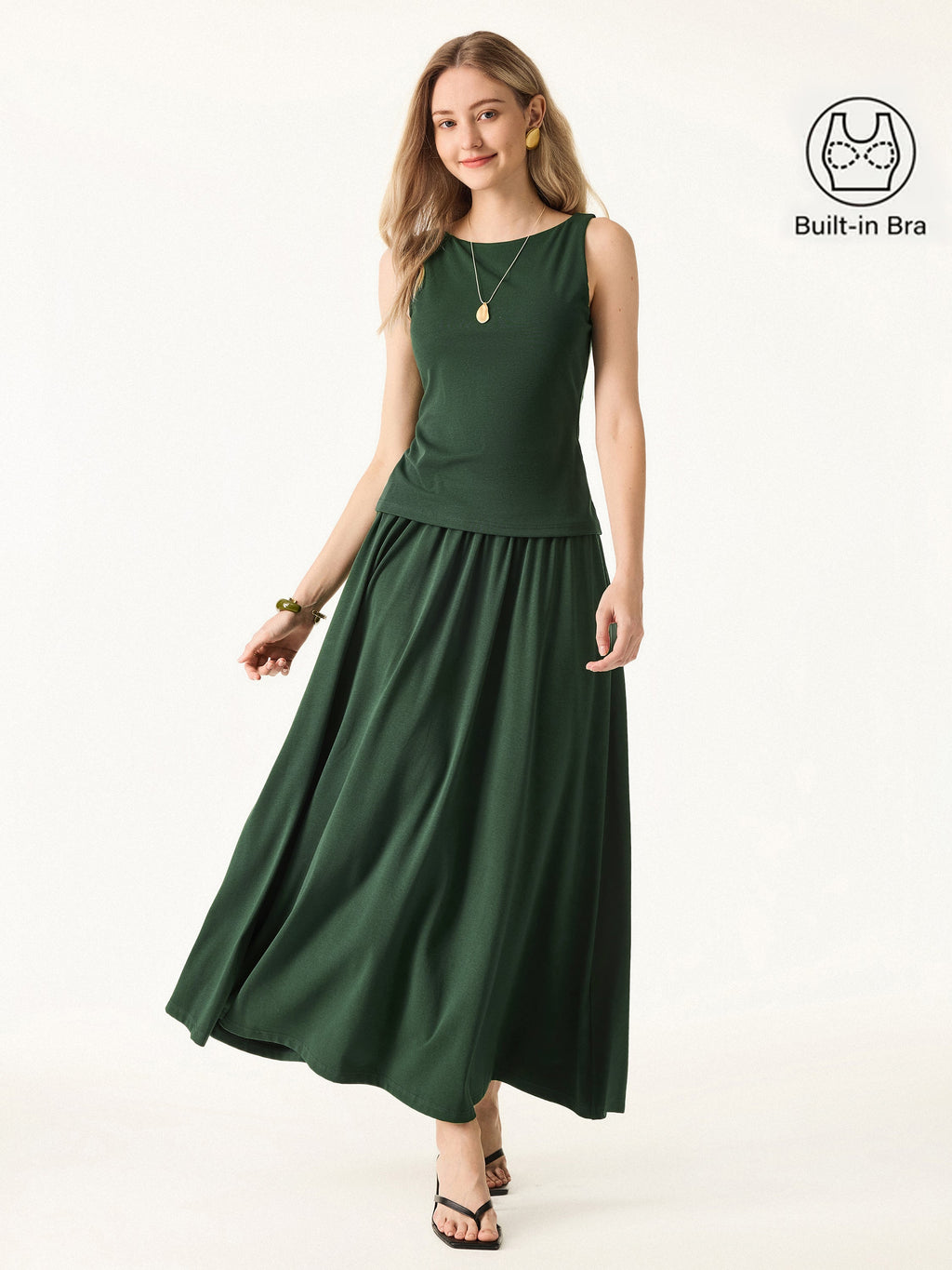 2Pcs Set Stretch Cotton Boatneck Bra Tank & Maxi Umbrella Skirt with Pockets