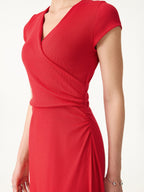 Stretch Cotton Surplice V-neck Cap Sleeve Midi Dress
