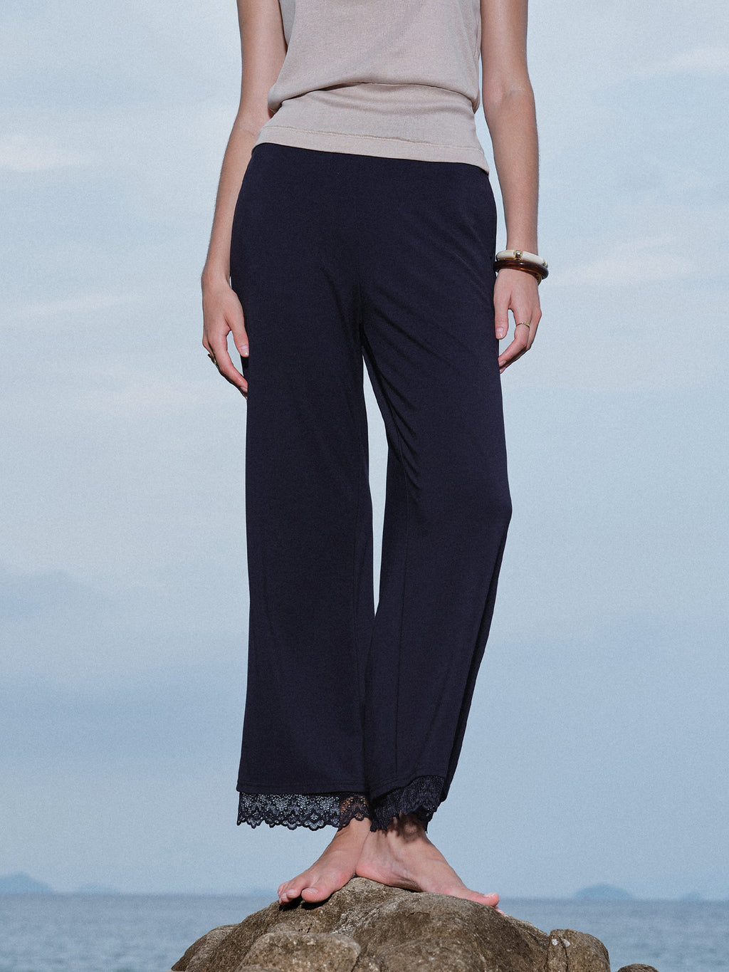 Lace Trim Draped Mid Rise Wide Leg Pants with Pockets