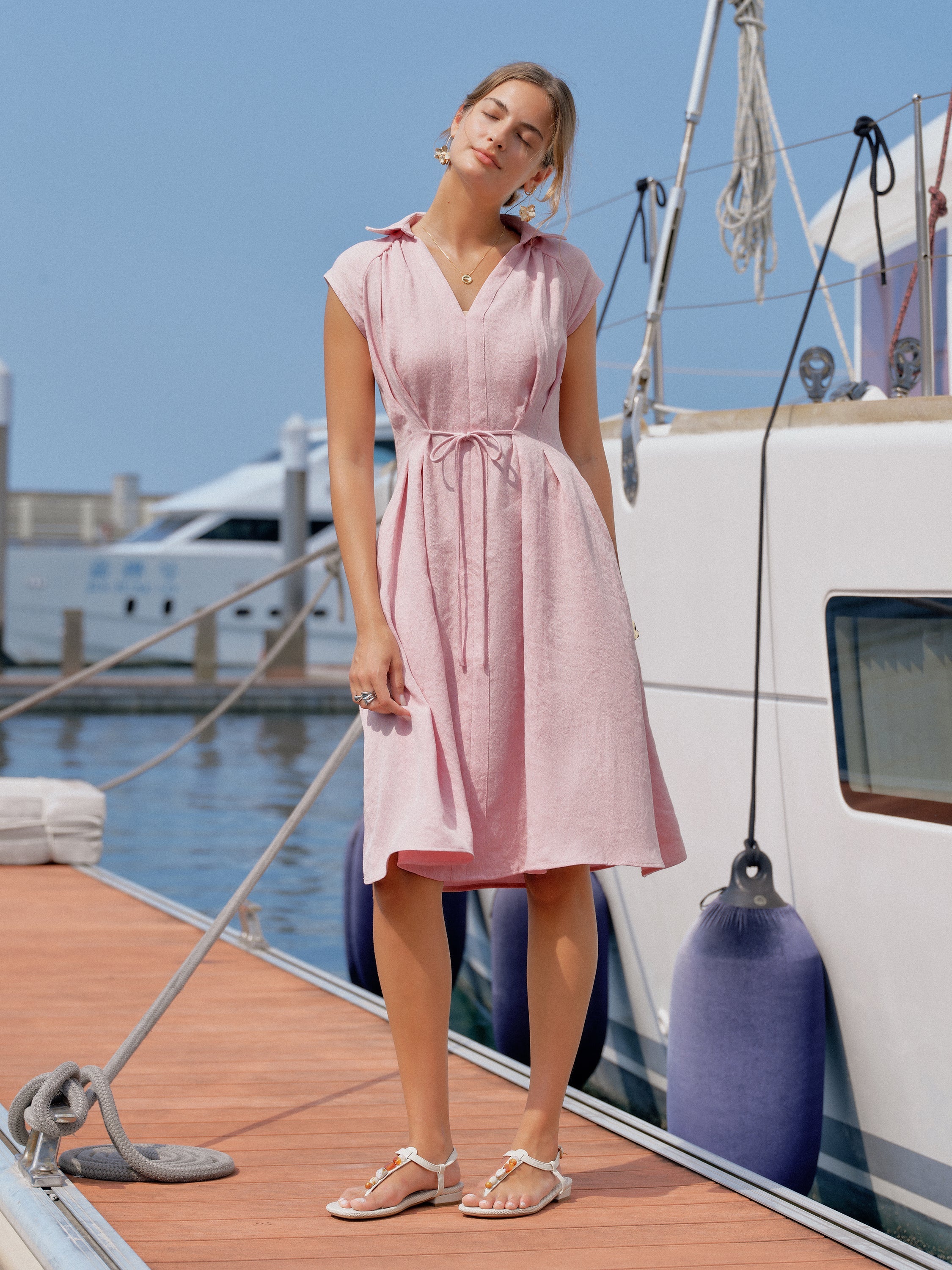 Viscose-Linen Collared V-neck Midi Dress with Drawstring