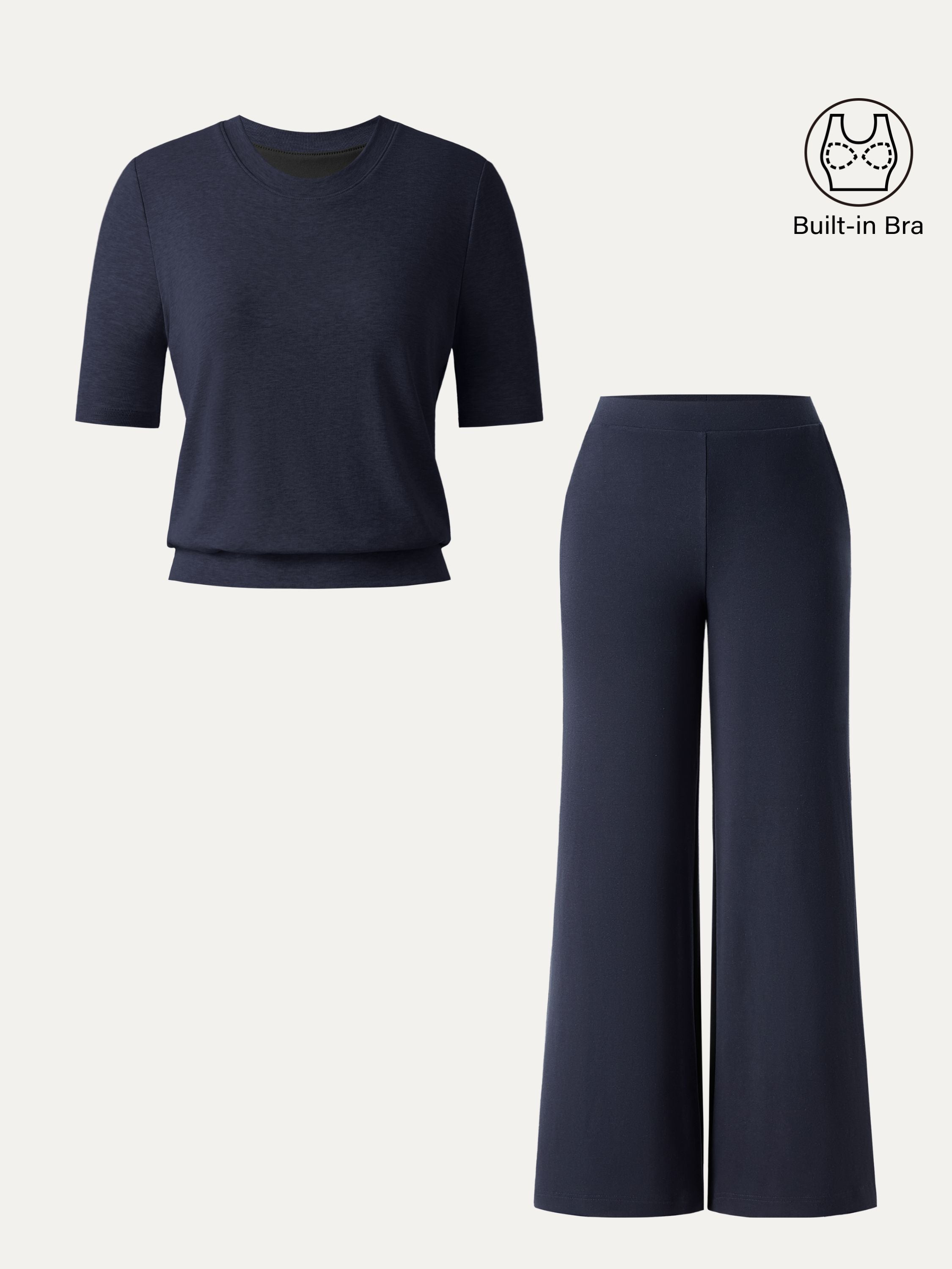 2Pcs Set Petite Mid Rise Wide Leg Pant with Pockets & Crewneck Bra Top with Banded Hem