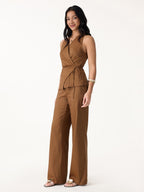 2Pcs Set Wrap Top with Self-Tie & Drawstring Wide Leg Pant with Pockets