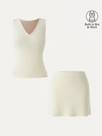2Pcs Set V-neck Sleeveless Bra Tank & A-line Mini Skirt with Built-in Shorts