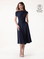 Asymmetrical Shoulder Tucked Midi Bra Dress with Pockets