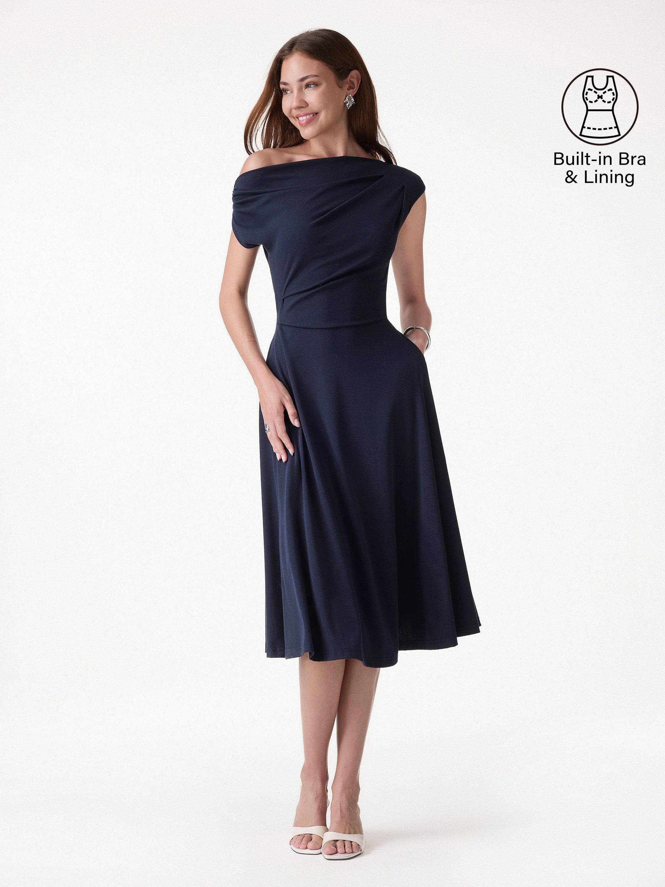 Asymmetrical Shoulder Tucked Midi Bra Dress with Pockets