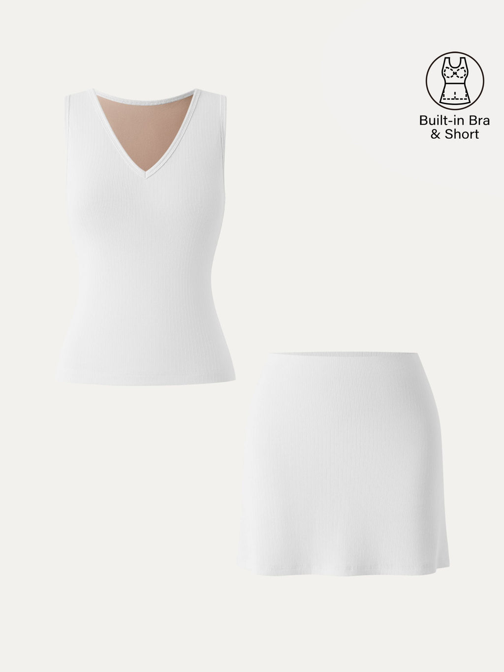 2Pcs Set V-neck Sleeveless Bra Tank & A-line Mini Skirt with Built-in Shorts
