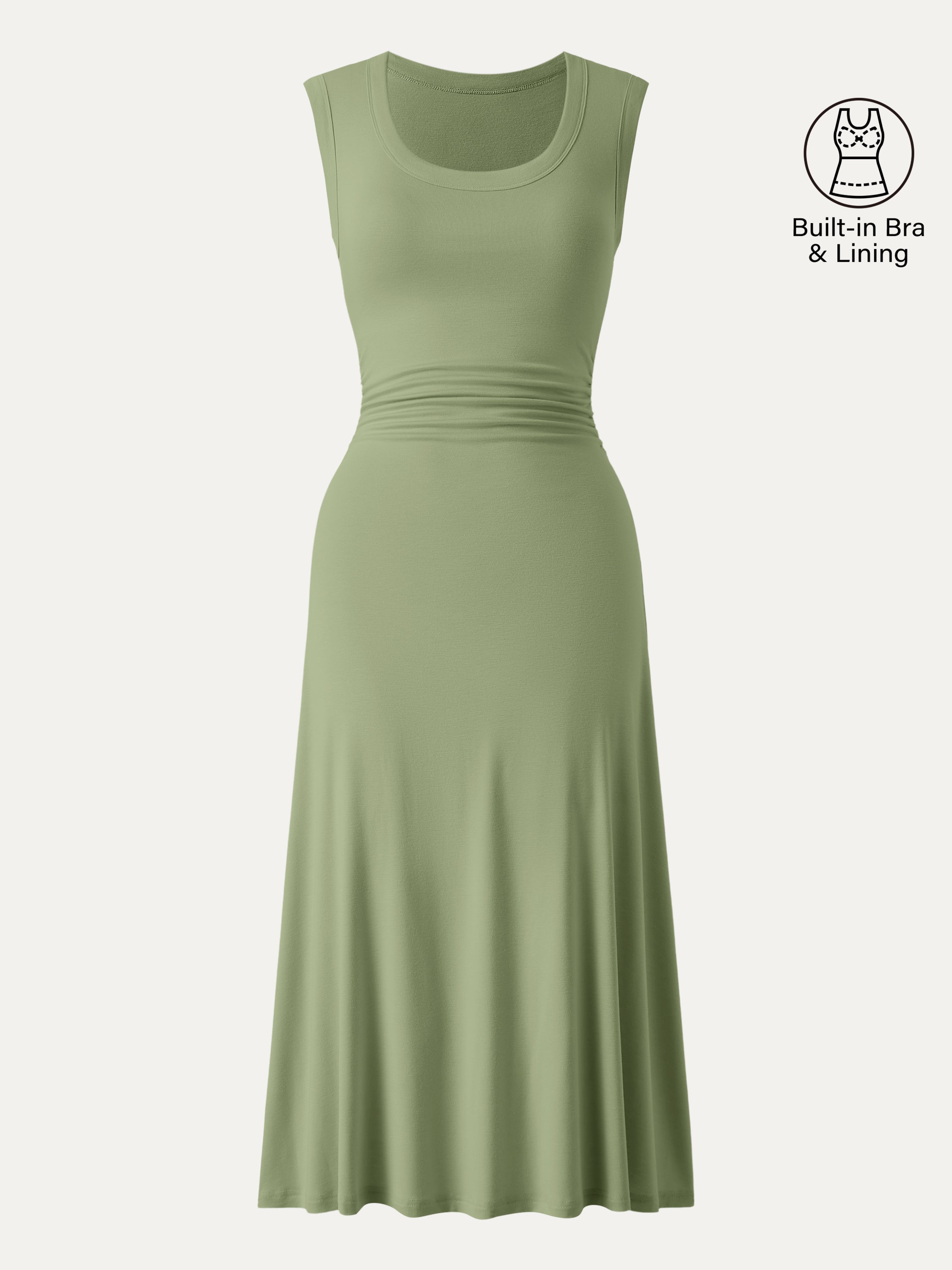 Scoop Neck Side Ruched New Airy Bra Midi Dress