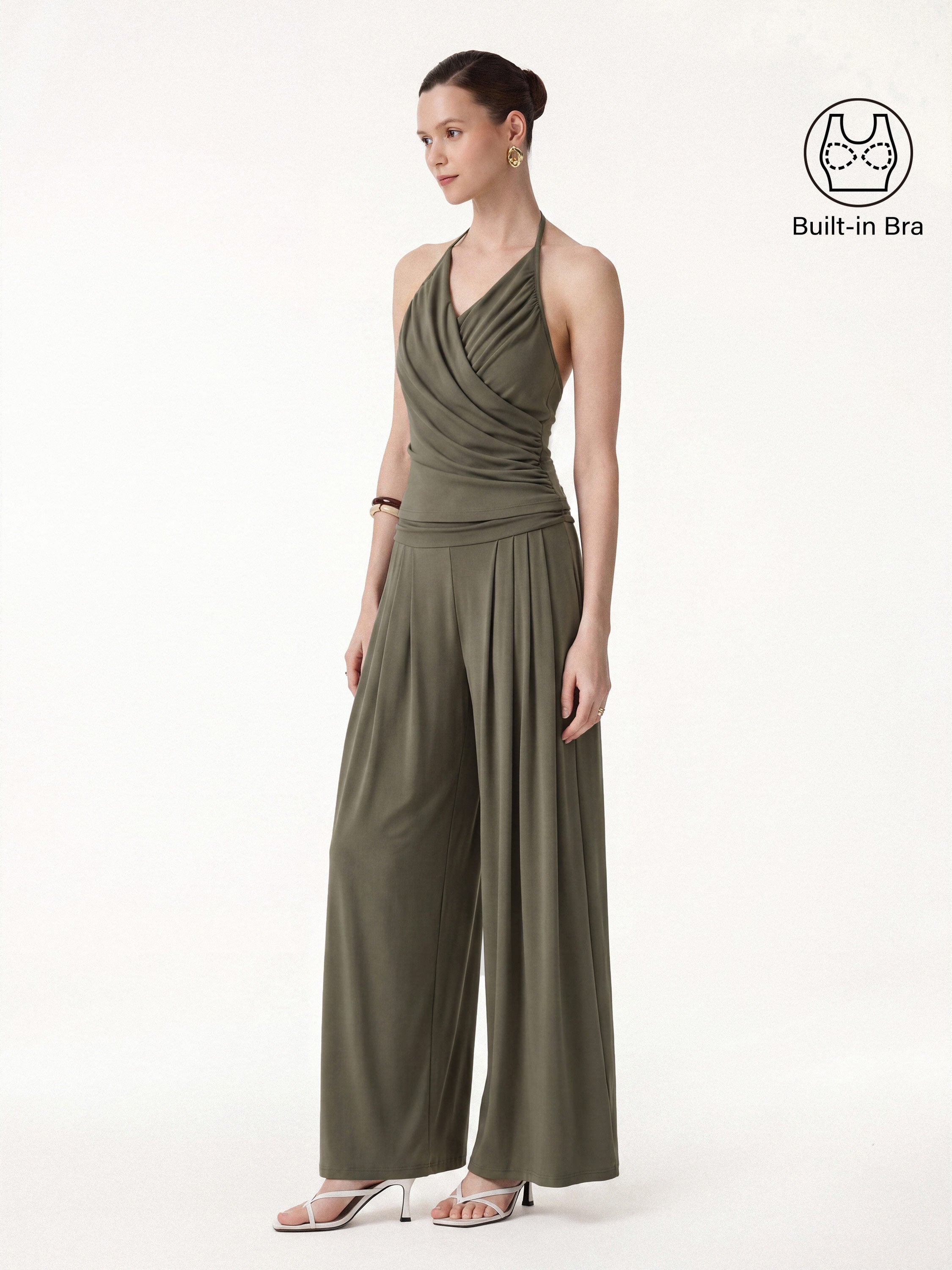 2Pcs Set Halter Neck Surplice Bra Top & Tucked Palazzo Pant with Pockets