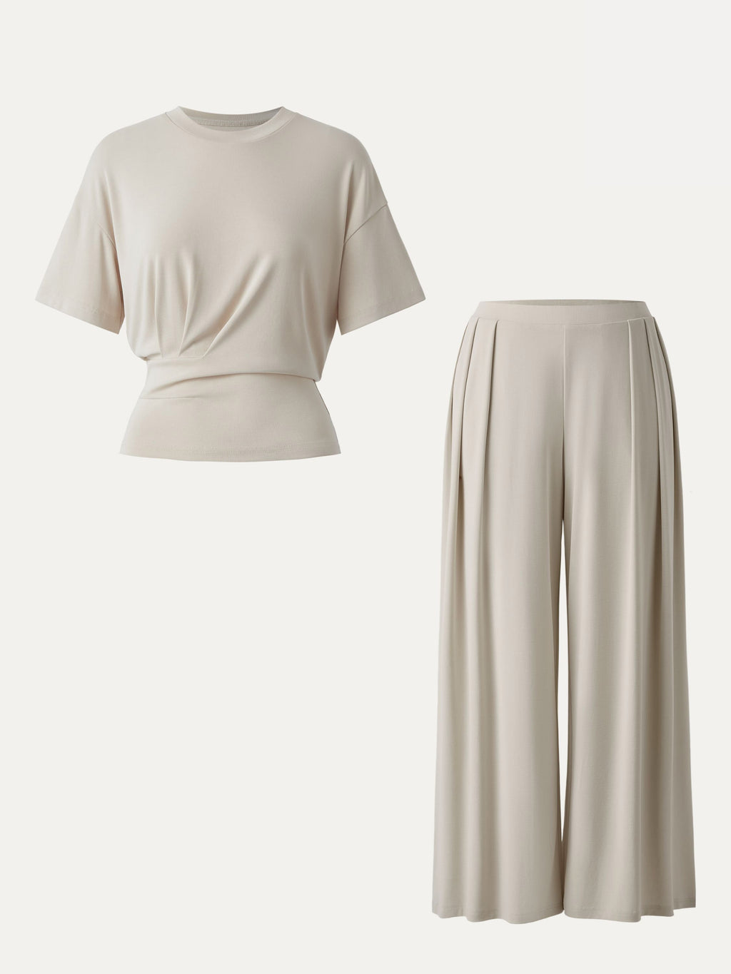 2Pcs Set Crewneck Short Sleeve Tee & Mid Rise Pleated Wide Leg Pant with Pockets