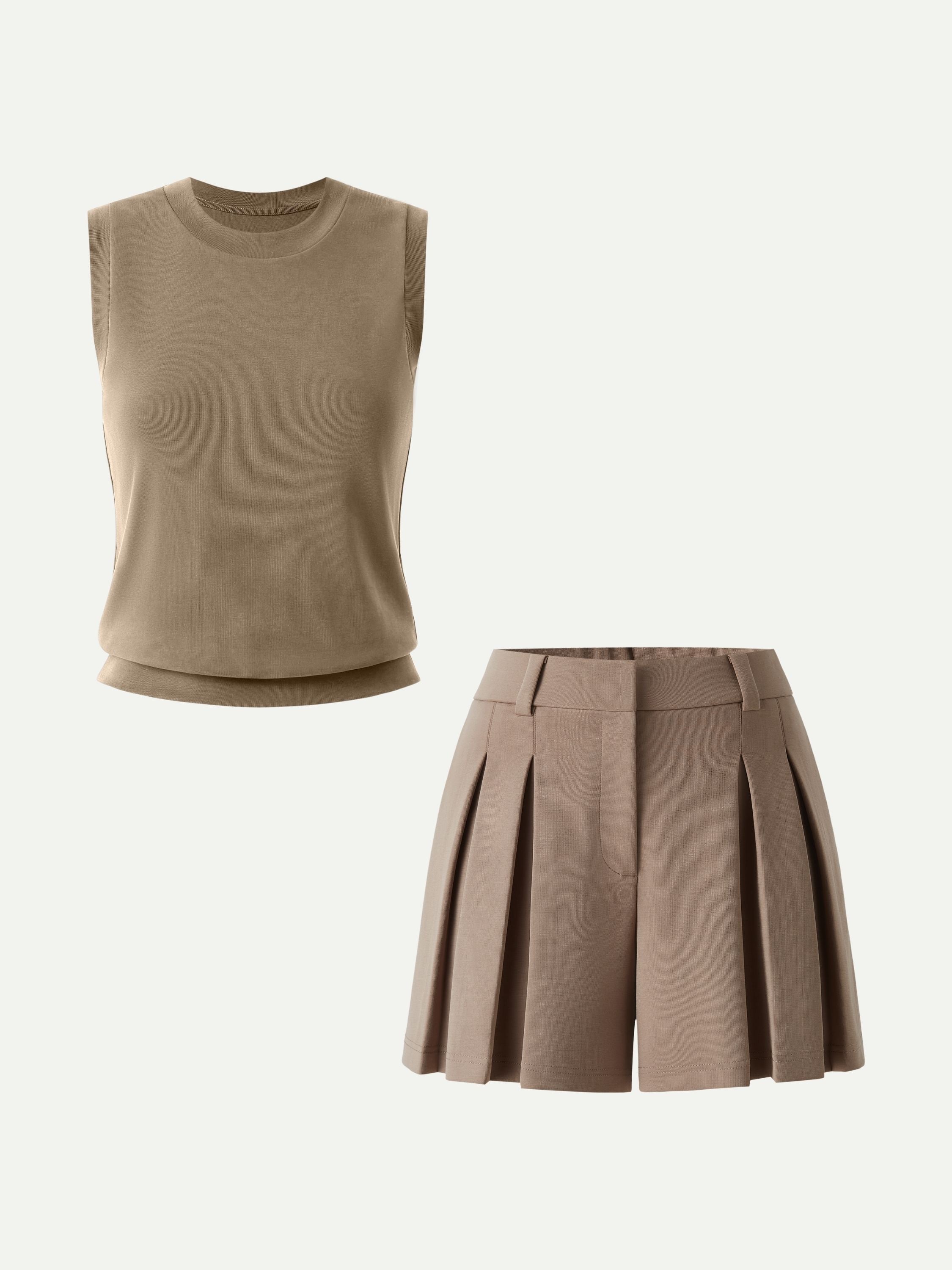 2Pcs Set Crew Neck Top & High Rise A-Line Pleated Shorts