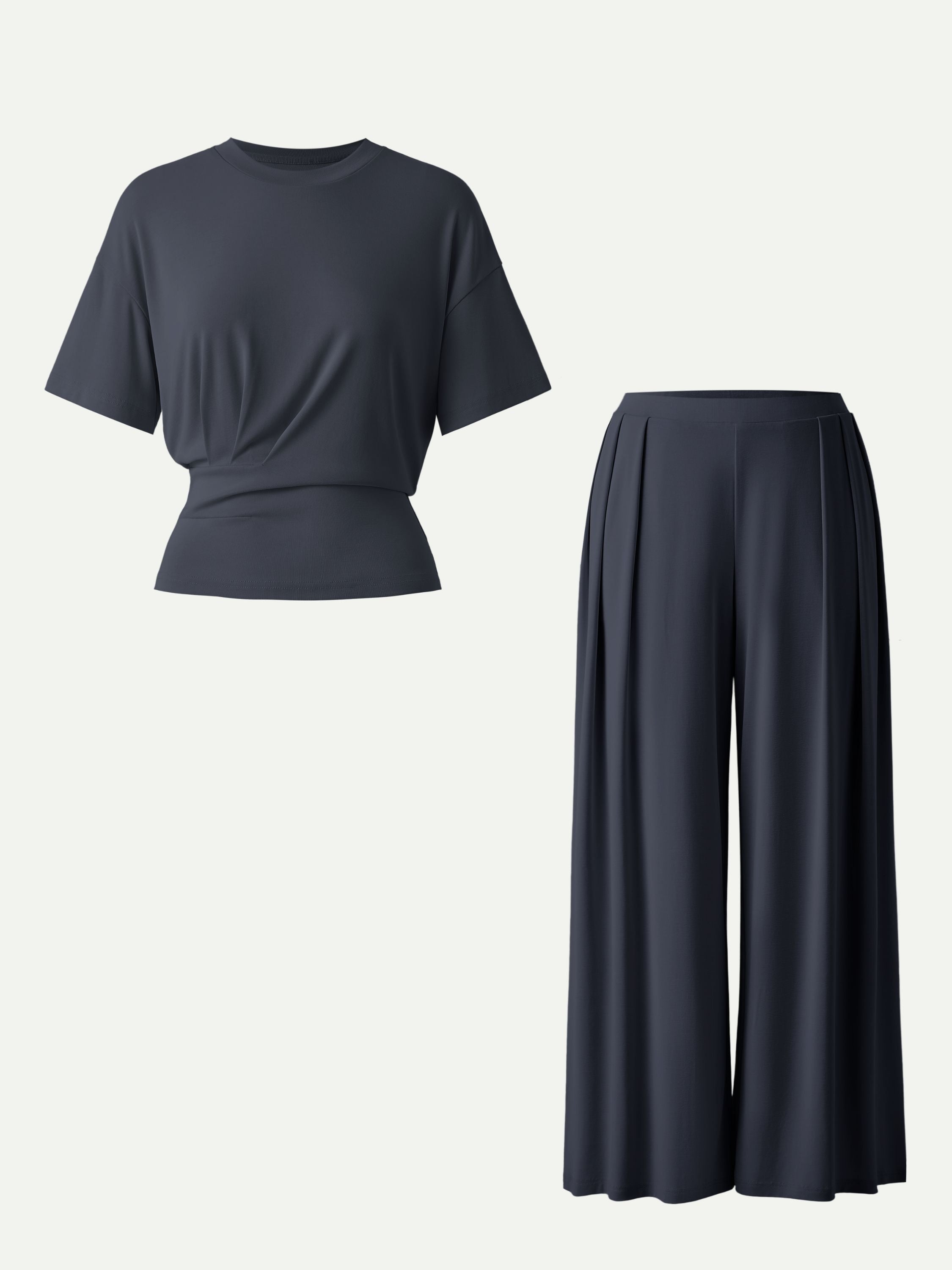 2Pcs Set Crewneck Short Sleeve Tee & Mid Rise Pleated Wide Leg Pant with Pockets