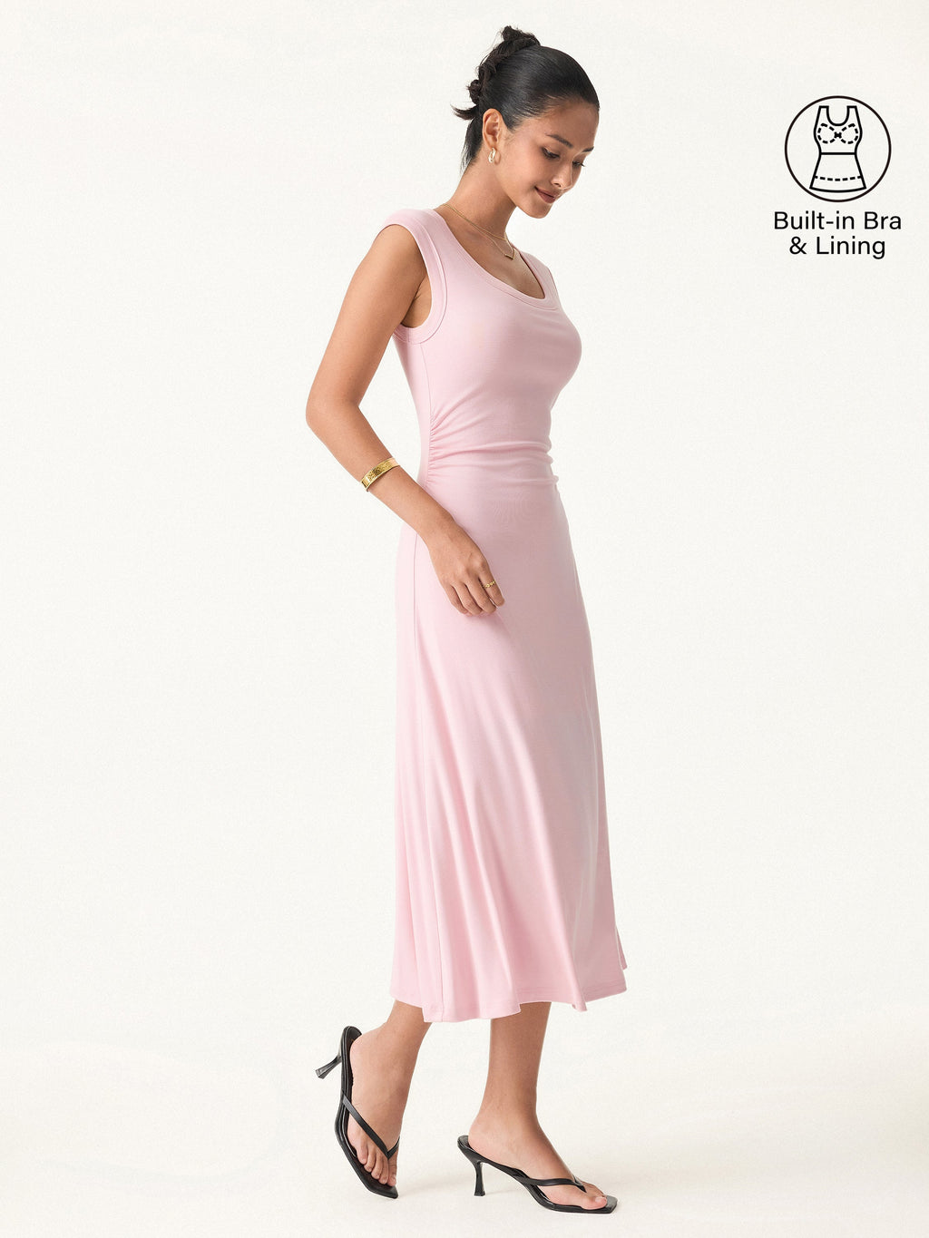 Scoop Neck Side Ruched New Airy Bra Midi Dress
