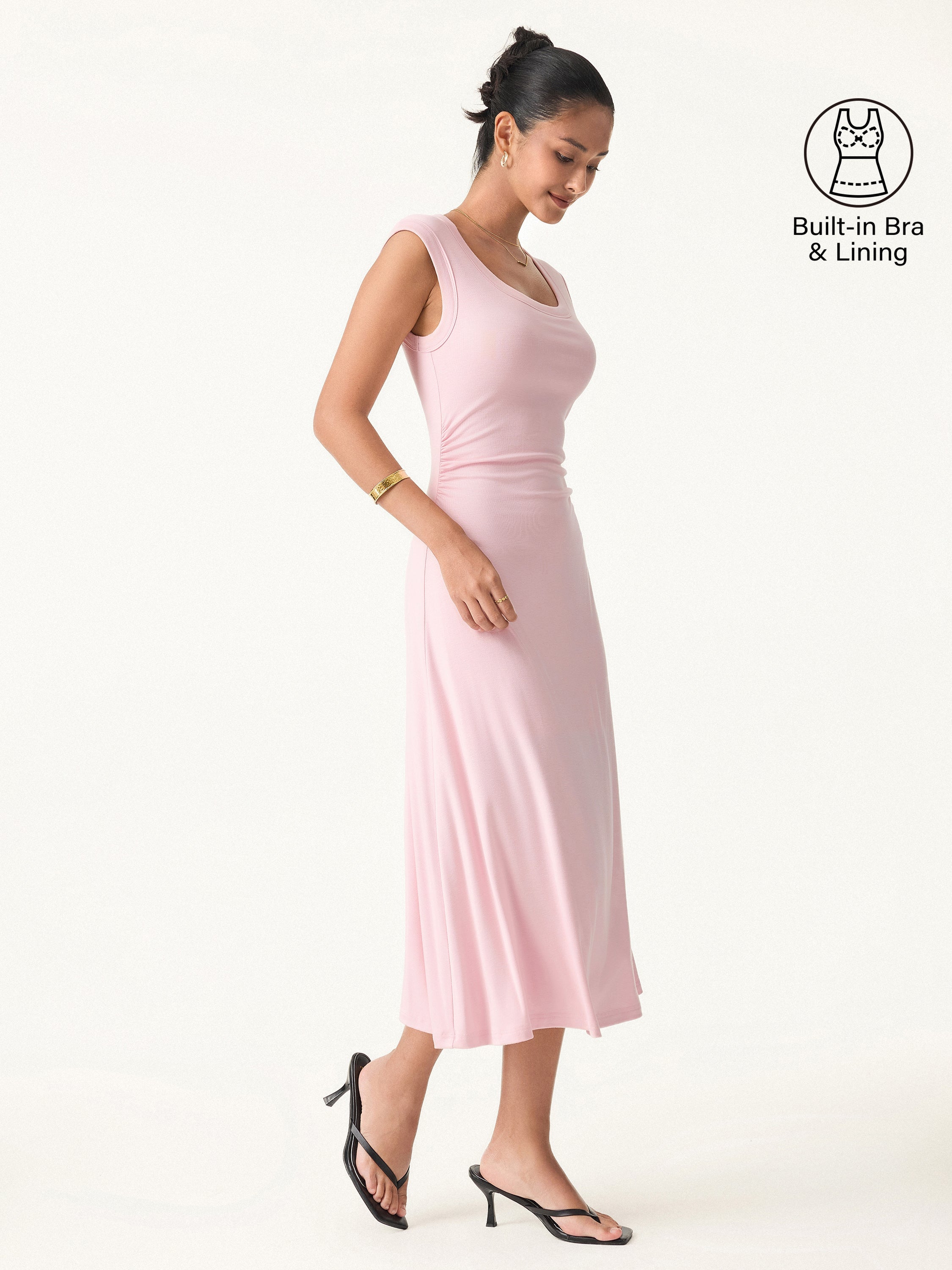 Scoop Neck Side Ruched New Airy Bra Midi Dress