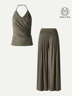 2Pcs Set Halter Neck Surplice Bra Top & Tucked Palazzo Pant with Pockets