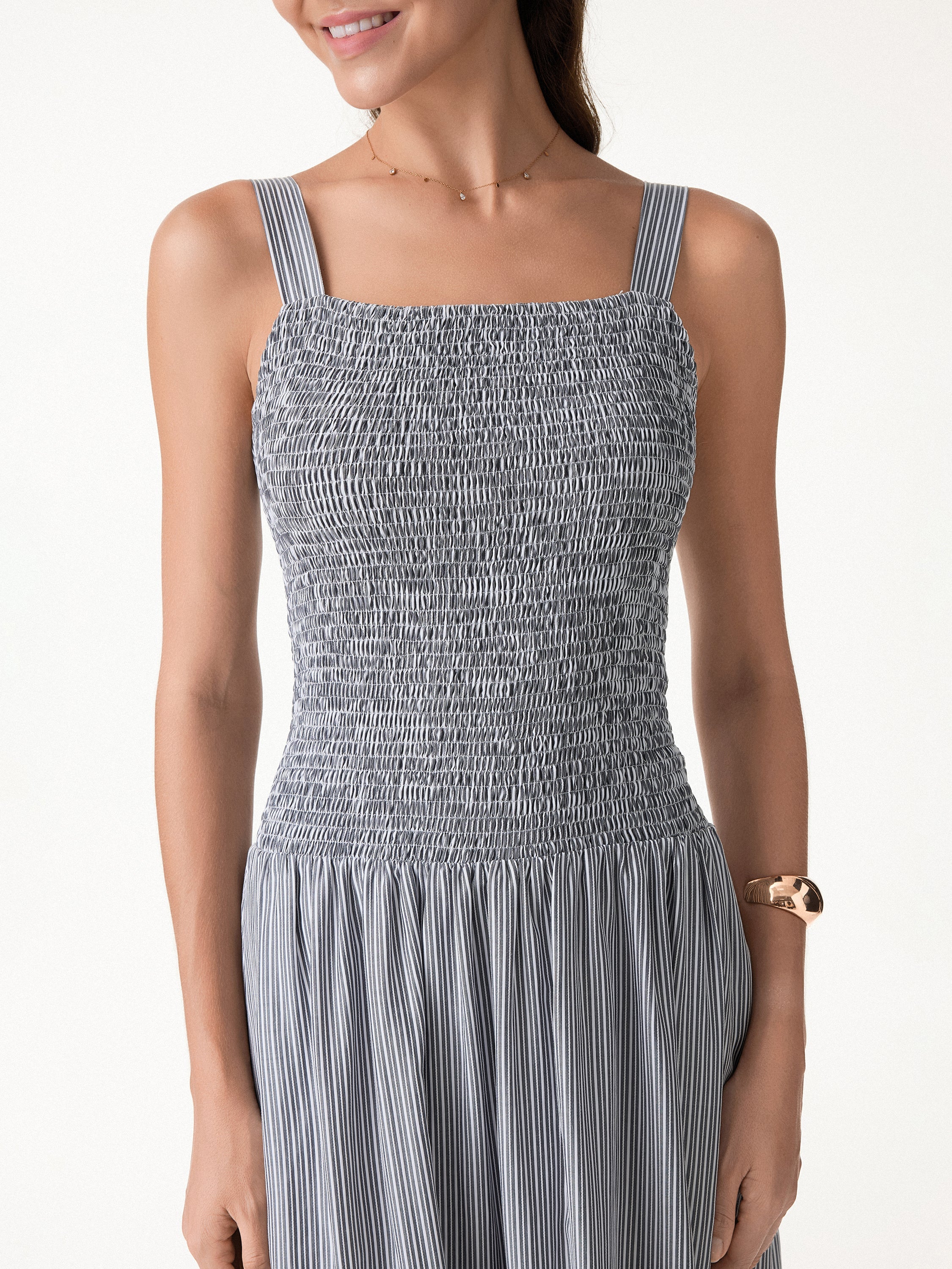 Striped Poplin Square Neck Smocked Midi Bra Dress