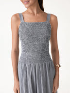 Striped Poplin Square Neck Smocked Midi Bra Dress