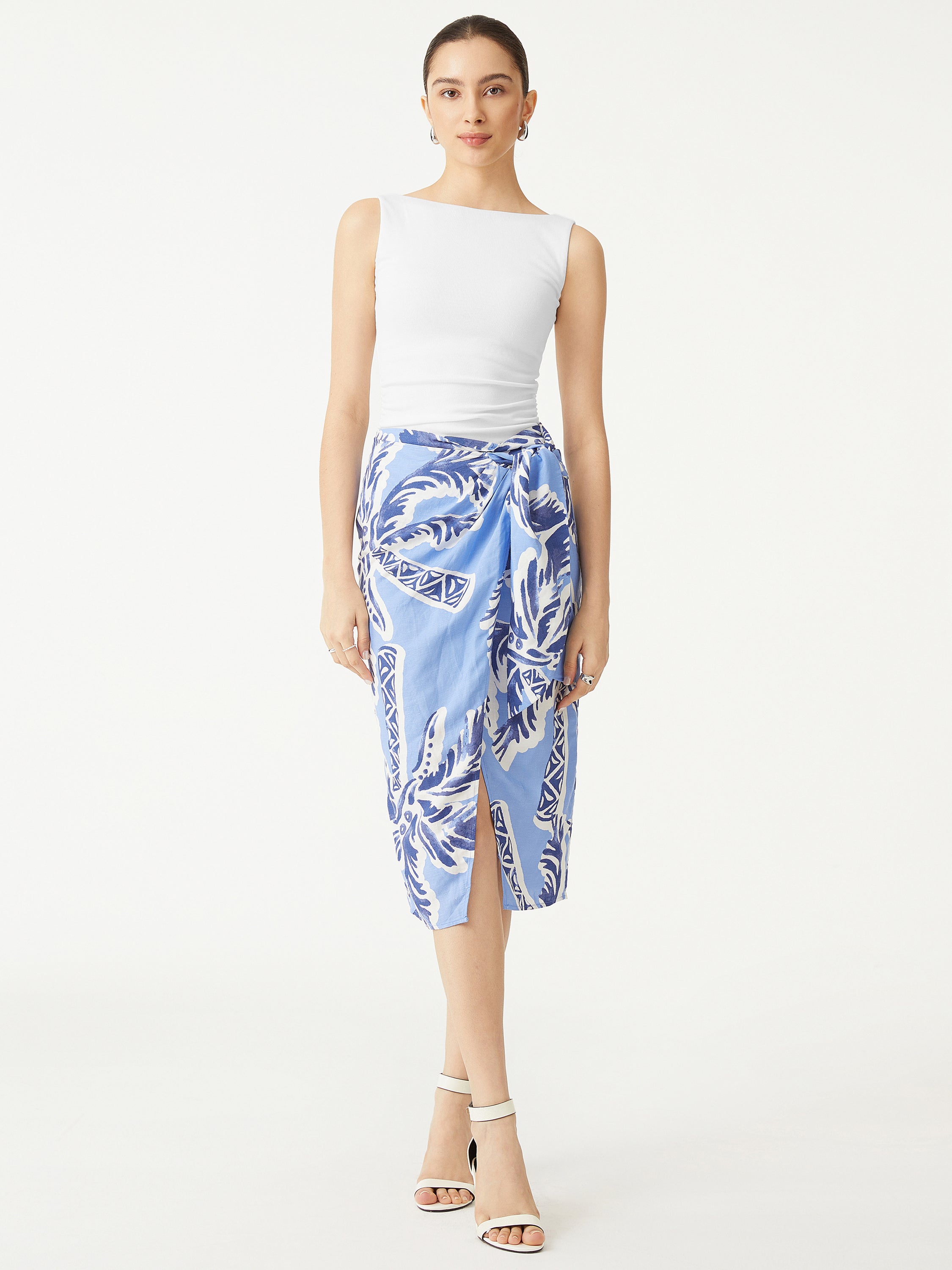 2Pcs Set Open Back Bra Tank & Side Ruched A-line Midi Skirt