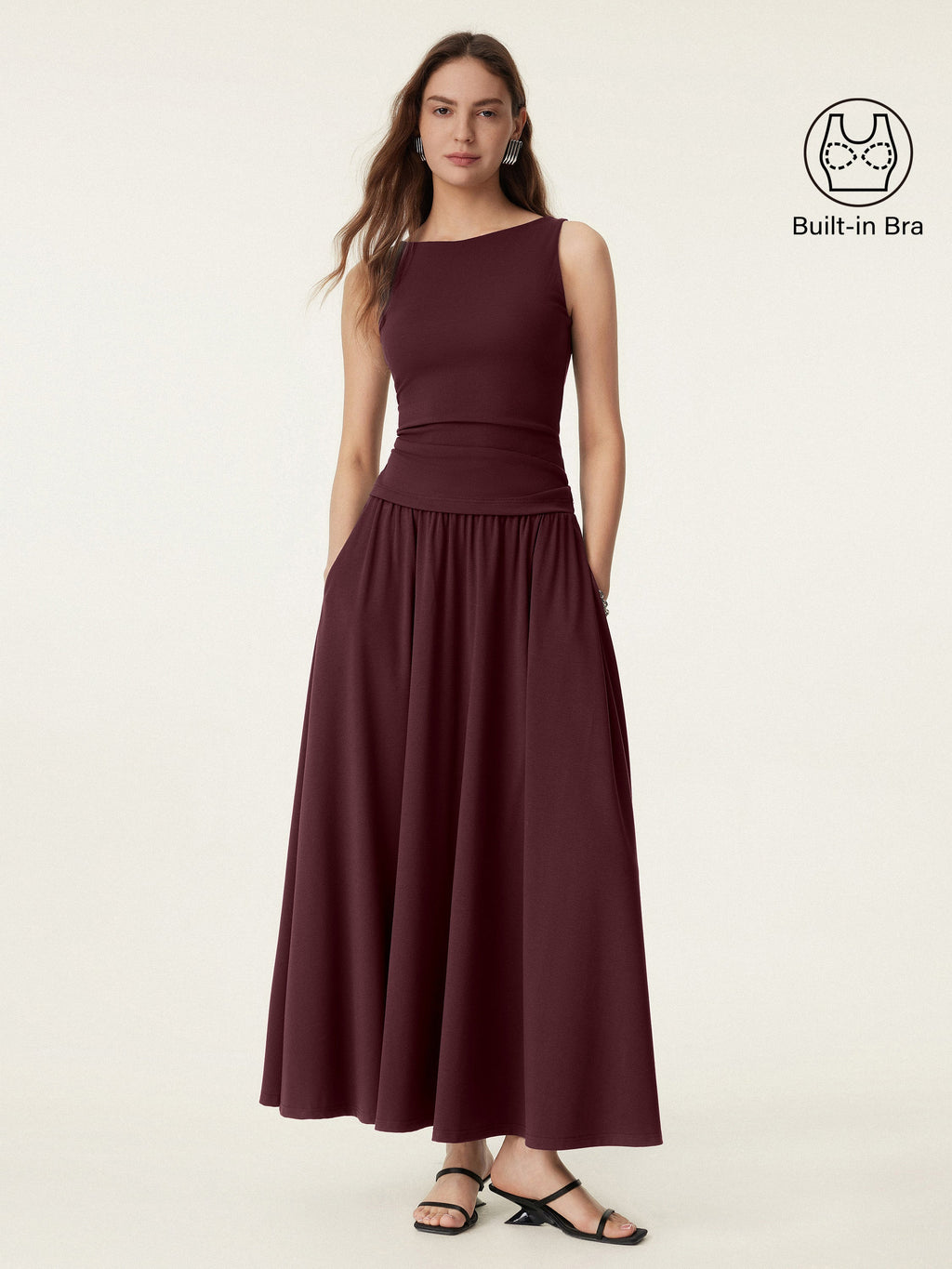 2Pcs Set Stretch Cotton Boatneck Bra Tank & Maxi Umbrella Skirt with Pockets