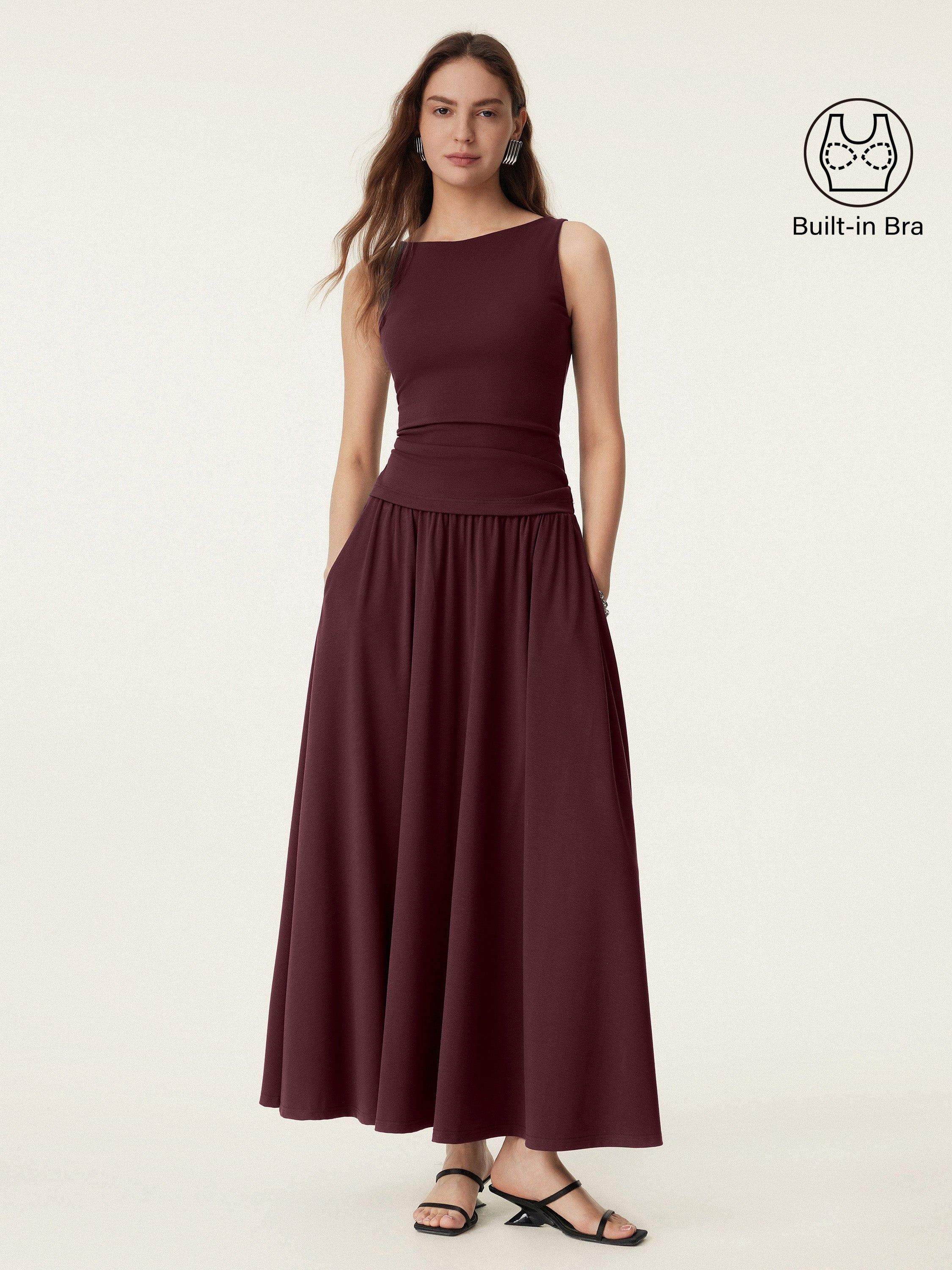 2Pcs Set Stretch Cotton Boatneck Bra Tank & Maxi Umbrella Skirt with Pockets