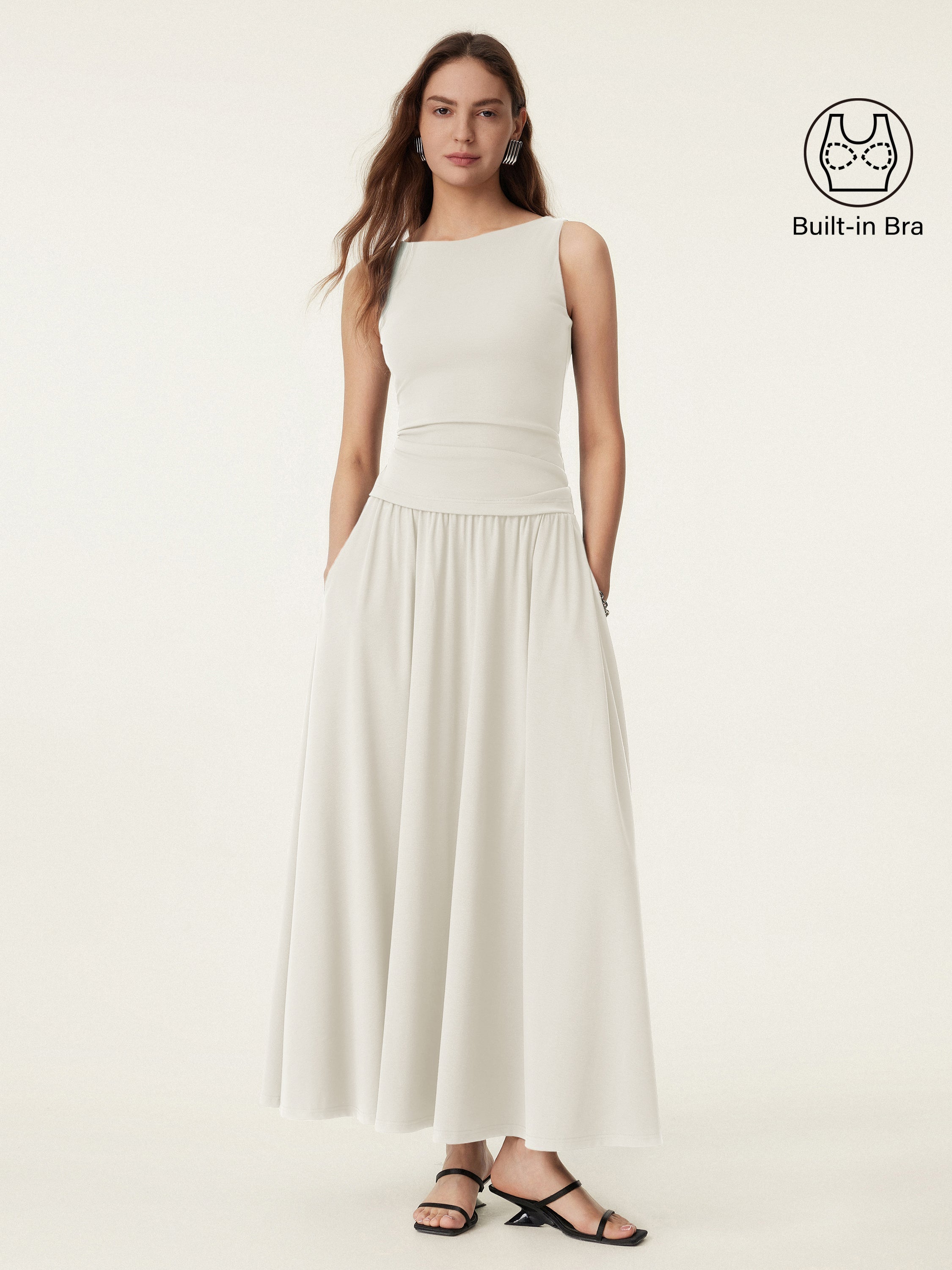 2Pcs Set Stretch Cotton Boatneck Bra Tank & Maxi Umbrella Skirt with Pockets