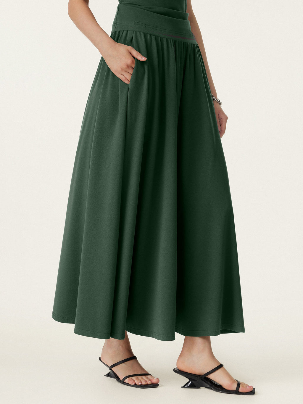 2Pcs Set Stretch Cotton Boatneck Bra Tank & Maxi Umbrella Skirt with Pockets