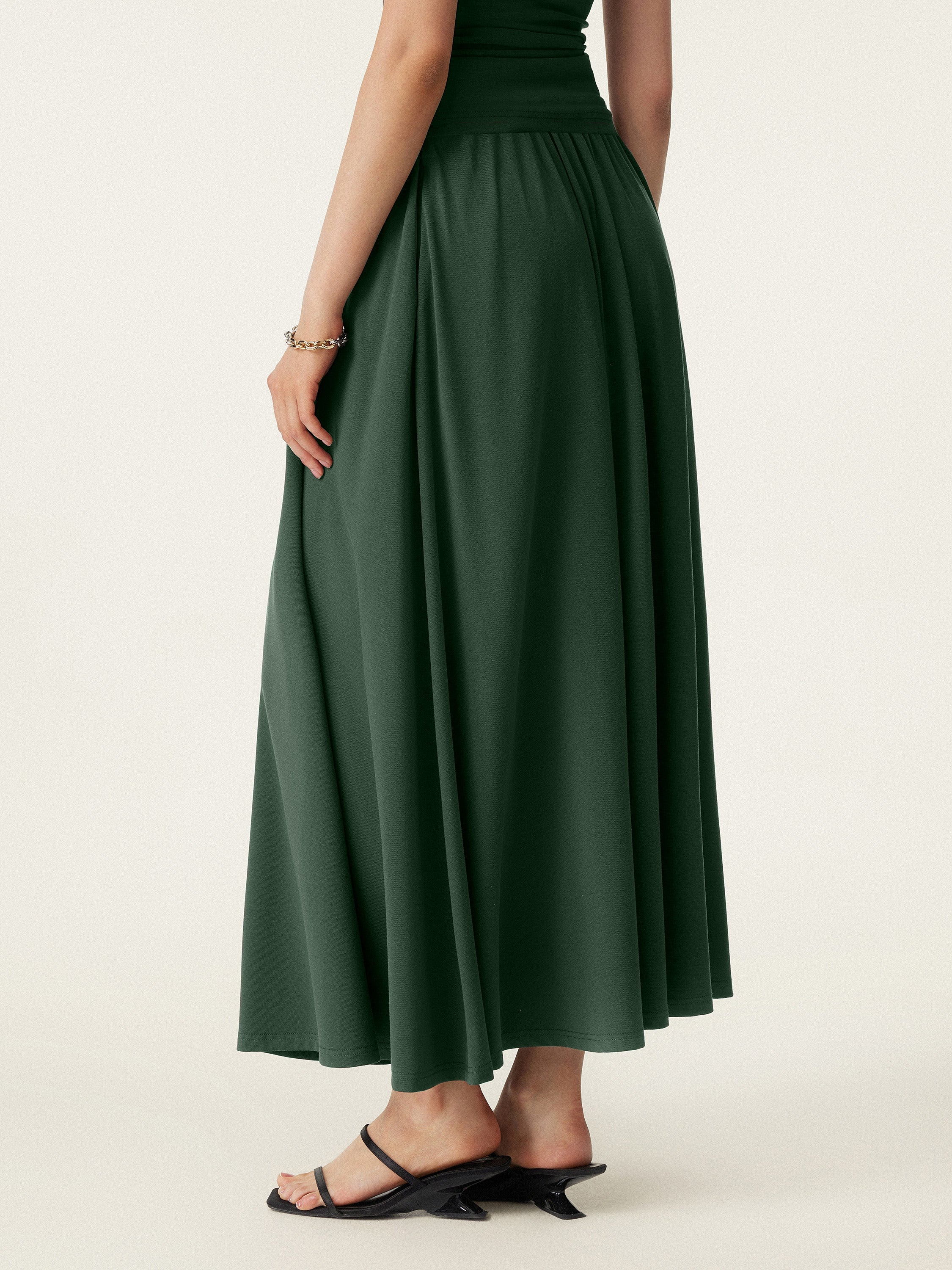 2Pcs Set Stretch Cotton Boatneck Bra Tank & Maxi Umbrella Skirt with Pockets