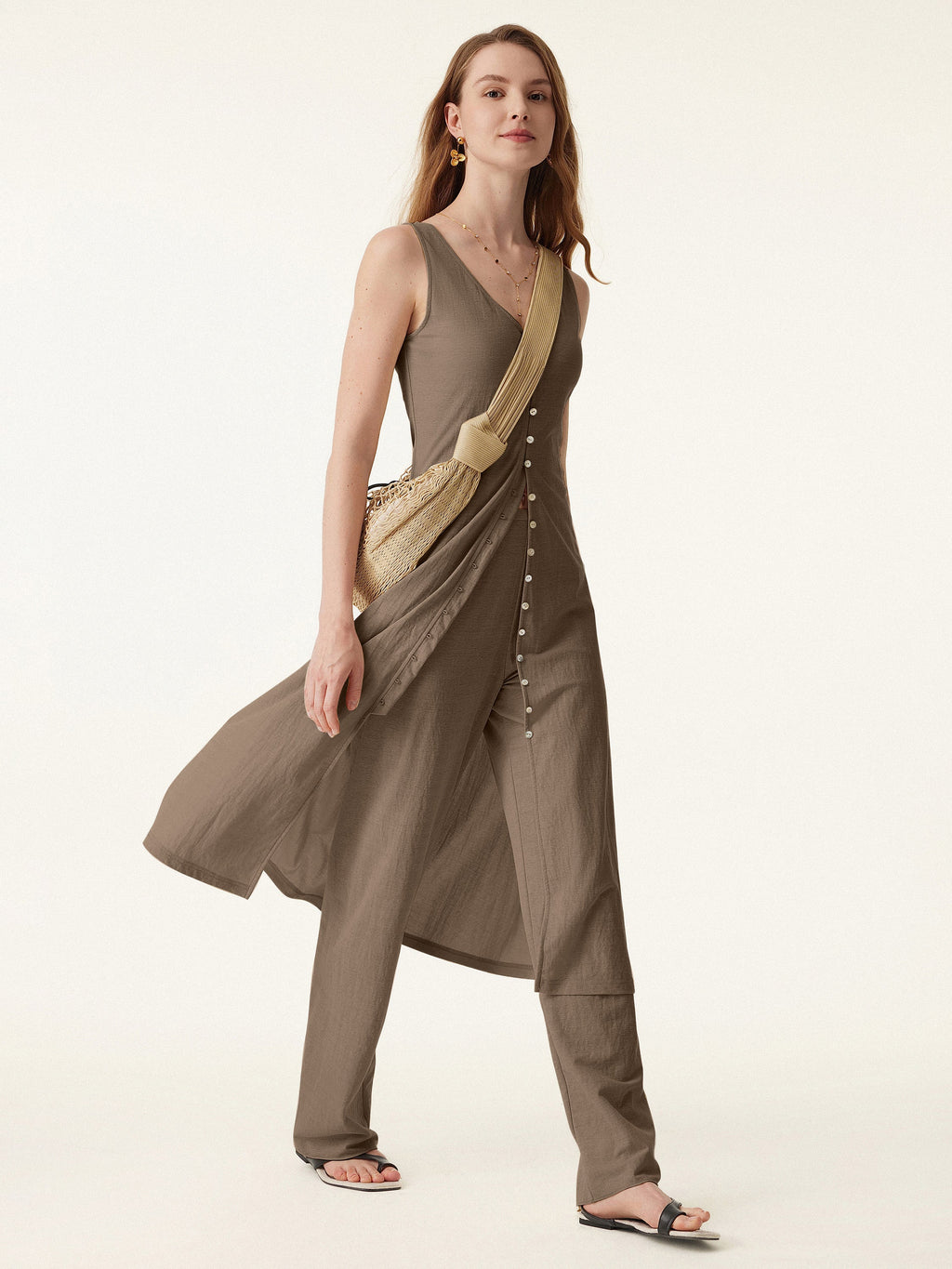 2Pcs Set V-neck Button Front Midi Vest Dress & Mid Rise Straight Leg Pant