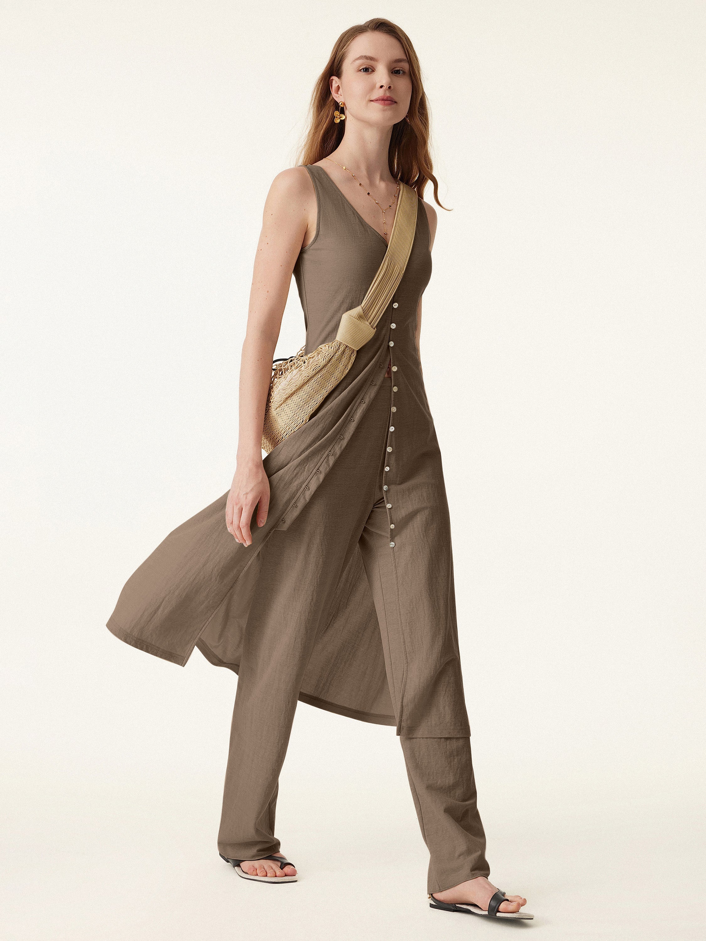 2Pcs Set V-neck Button Front Midi Vest Dress & Mid Rise Straight Leg Pant