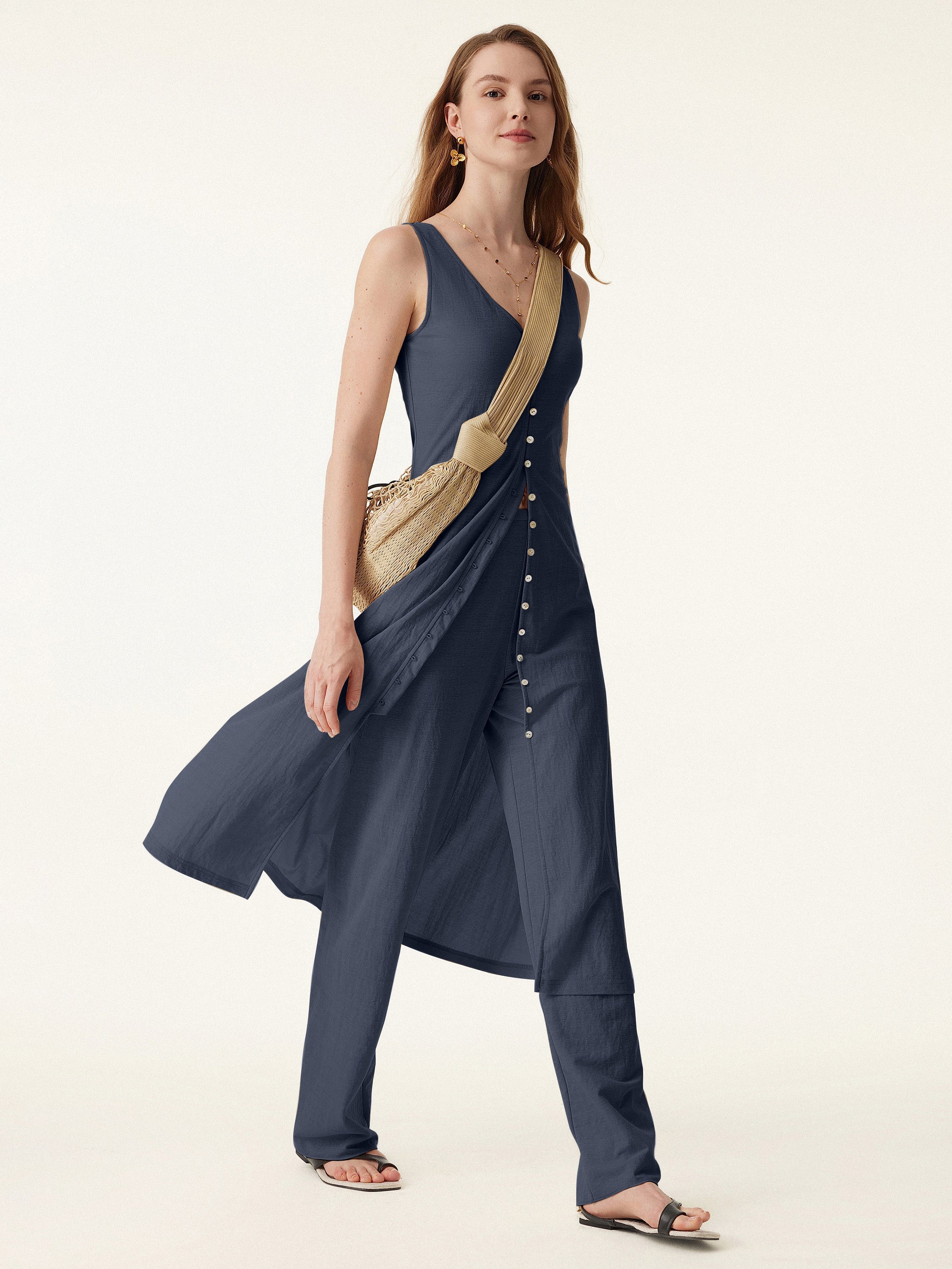 2Pcs Set V-neck Button Front Midi Vest Dress & Mid Rise Straight Leg Pant
