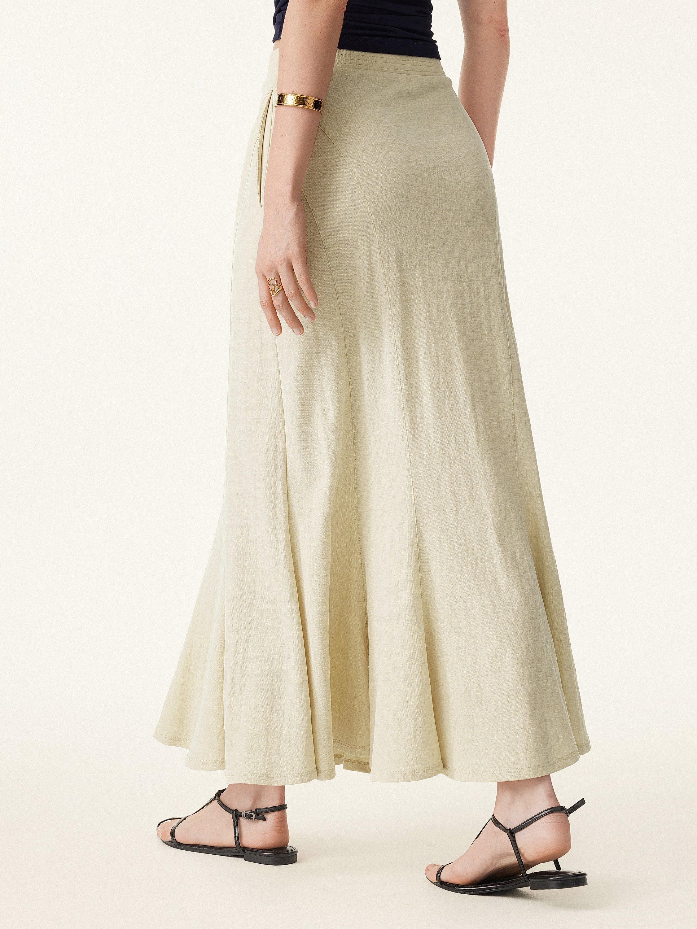 Wrinkle-resistant Cotton-linen Pull-on Midi Skirt