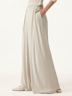 2Pcs Set Crewneck Short Sleeve Tee & Mid Rise Pleated Wide Leg Pant with Pockets