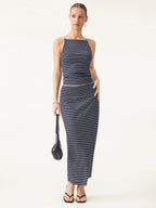 2Pcs Set Striped Spaghetti Bra Top & Low Rise Striped Midi Skirt