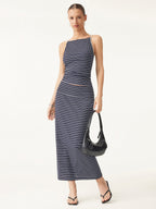 2Pcs Set Striped Spaghetti Bra Top & Low Rise Striped Midi Skirt
