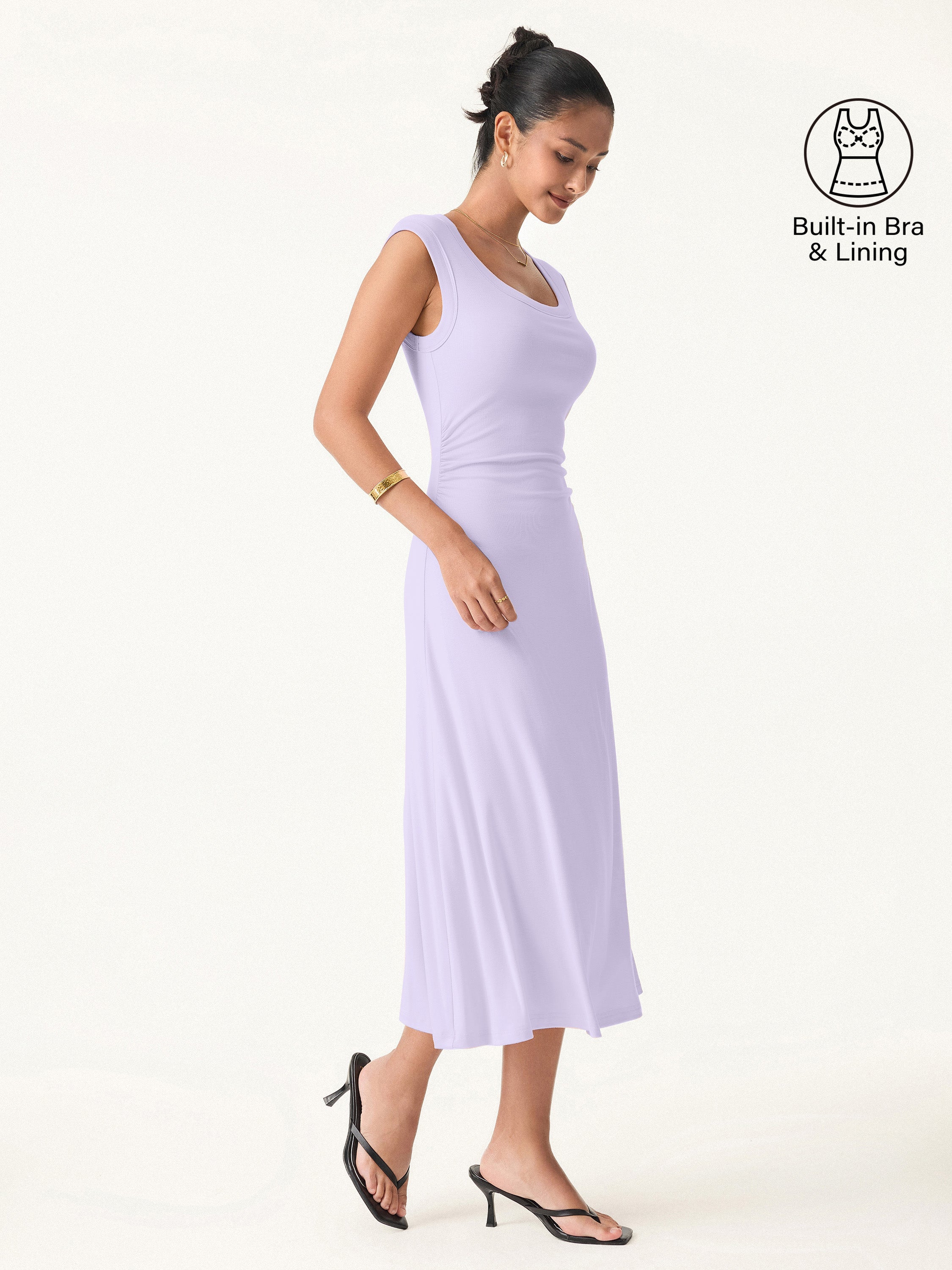 Scoop Neck Side Ruched New Airy Bra Midi Dress