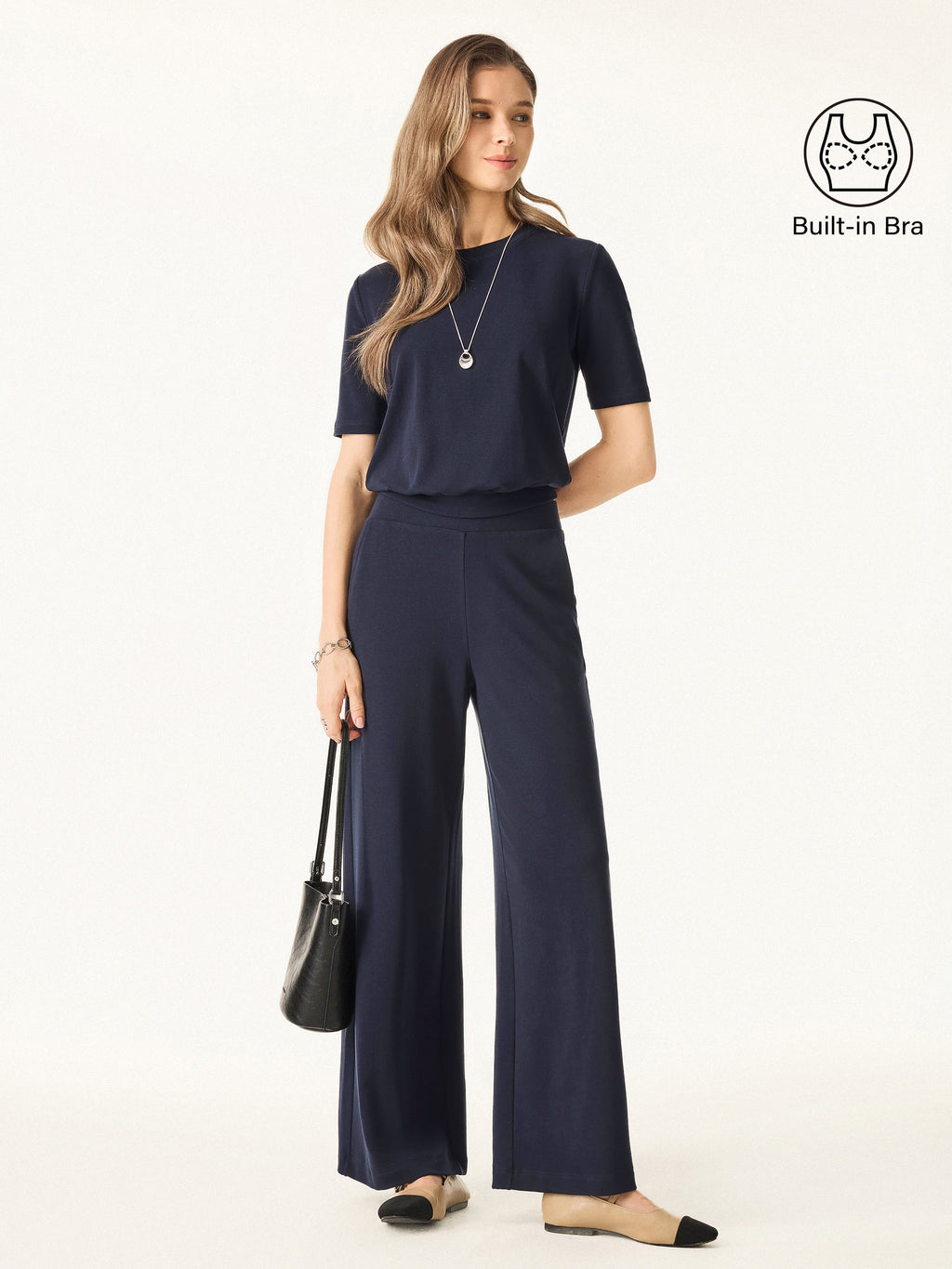 2Pcs Set Petite Mid Rise Wide Leg Pant with Pockets & Crewneck Bra Top with Banded Hem