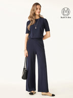 2Pcs Set Petite Mid Rise Wide Leg Pant with Pockets & Crewneck Bra Top with Banded Hem