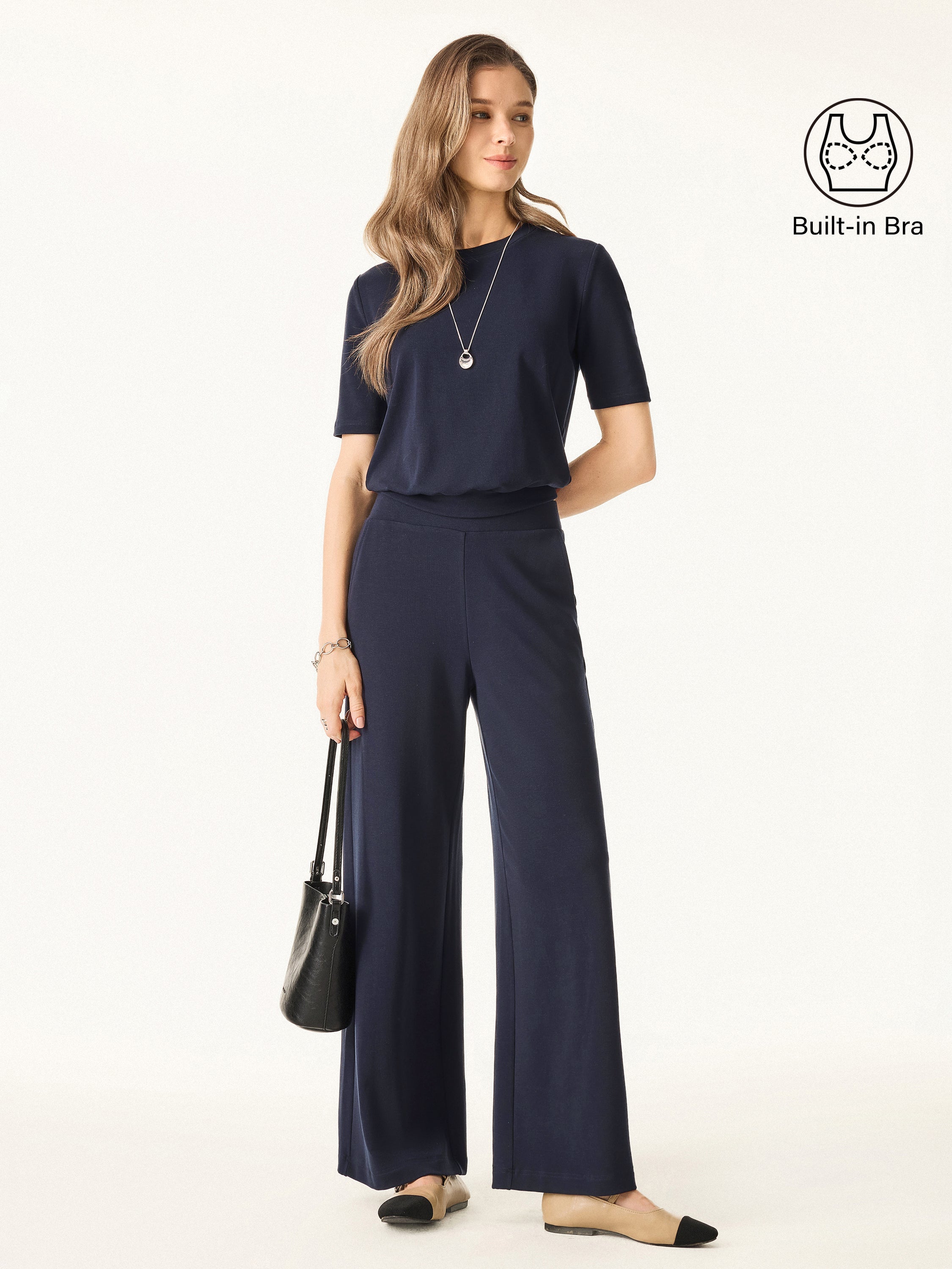 2Pcs Set Petite Mid Rise Wide Leg Pant with Pockets & Crewneck Bra Top with Banded Hem