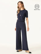 2Pcs Set Petite Mid Rise Wide Leg Pant with Pockets & Crewneck Bra Top with Banded Hem