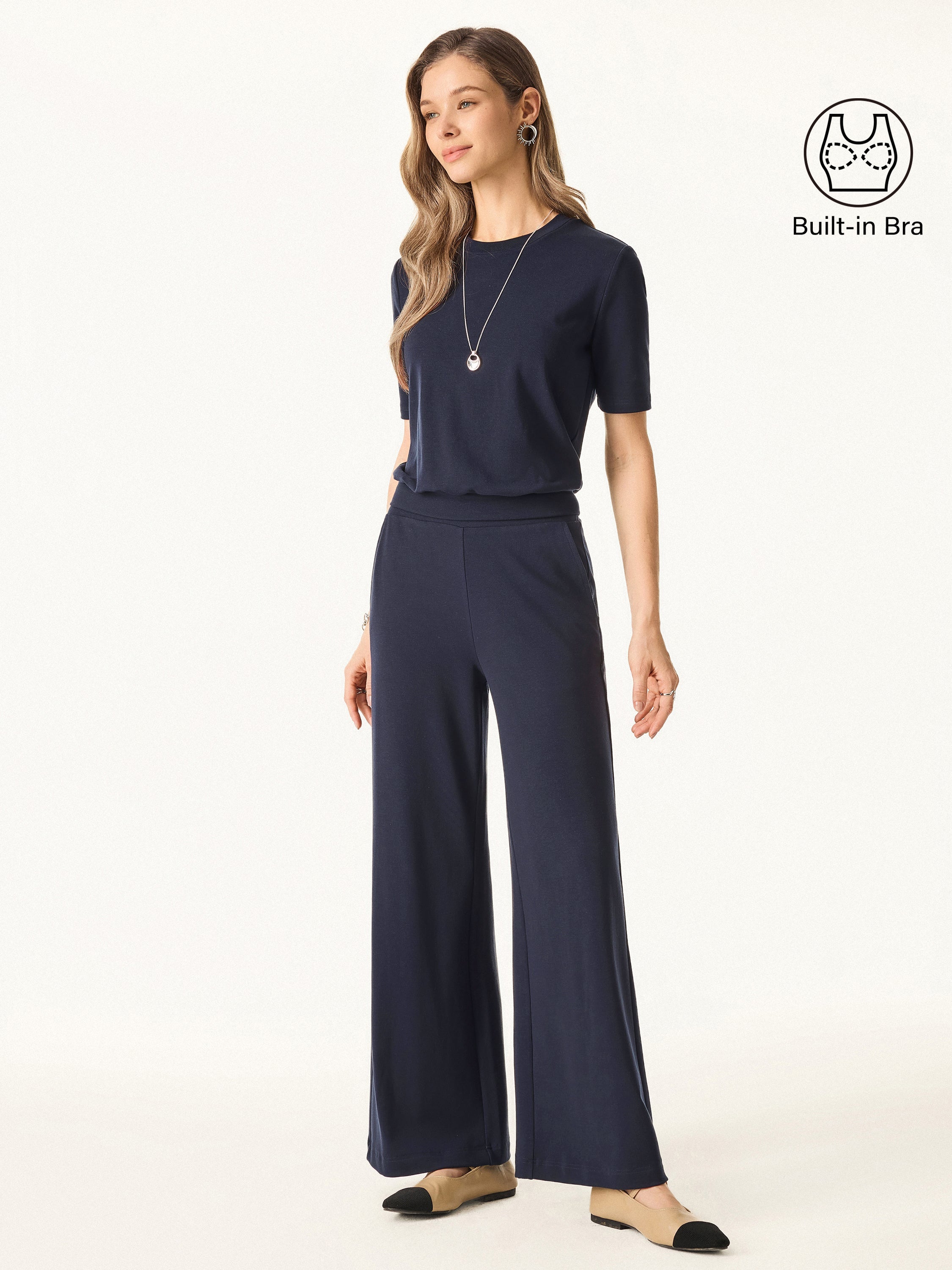 2Pcs Set Petite Mid Rise Wide Leg Pant with Pockets & Crewneck Bra Top with Banded Hem