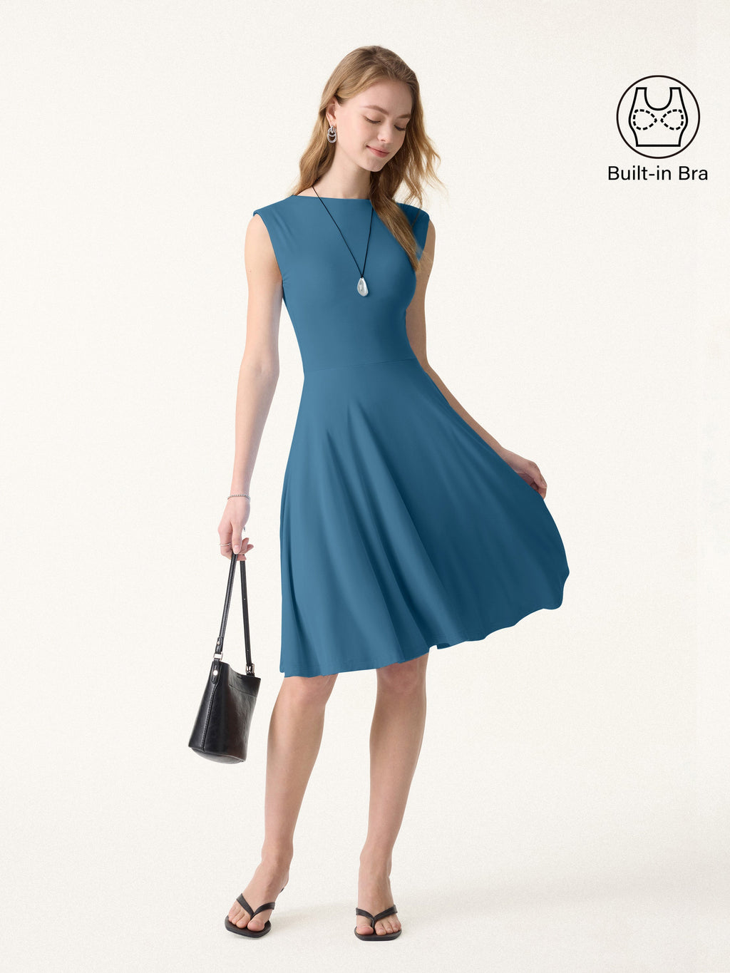 SkinKiss Boatneck Wide Shoulder Bra Dress with Pockets