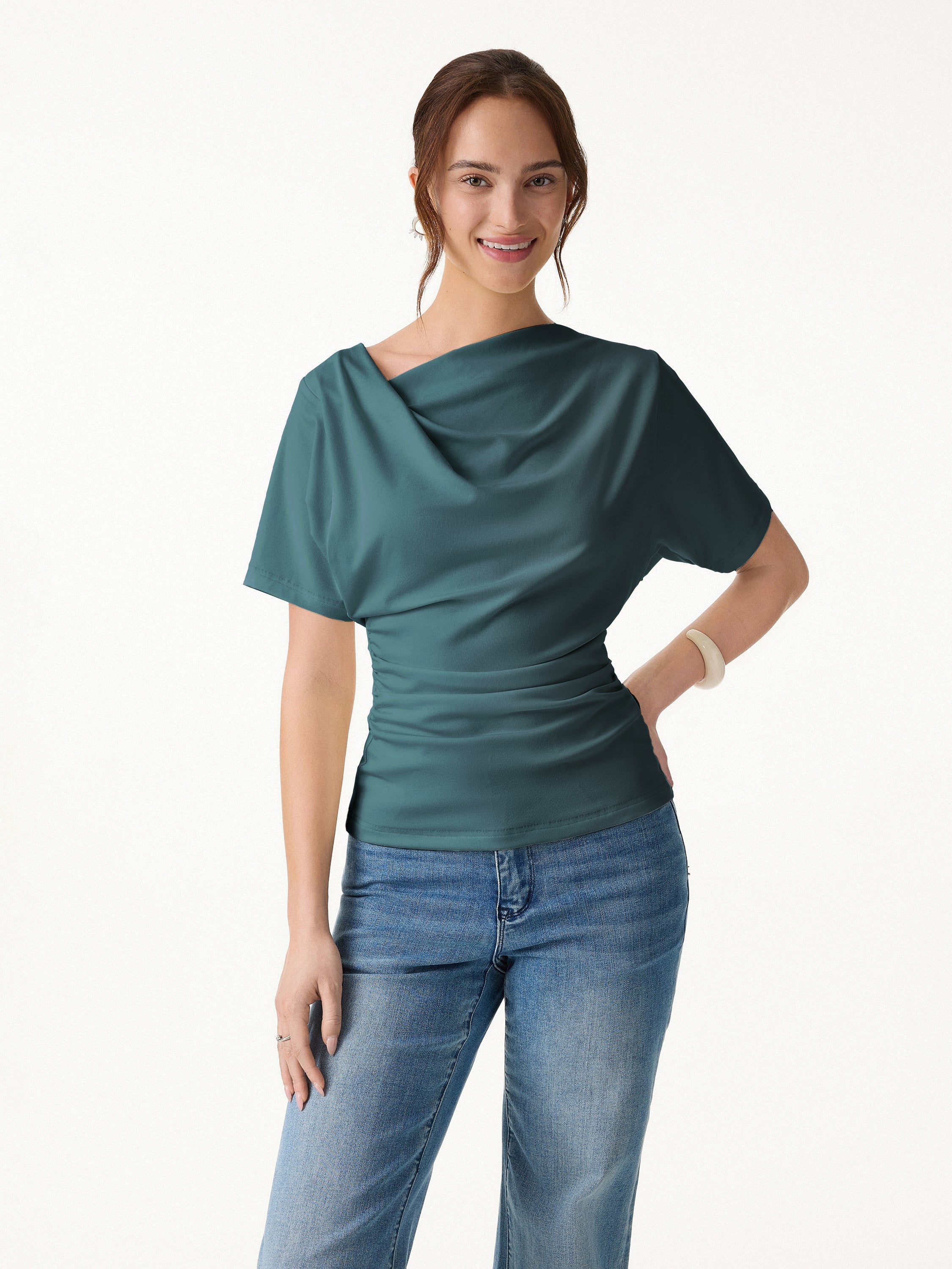 Asymmetrical Cowl Neck Ruched Top